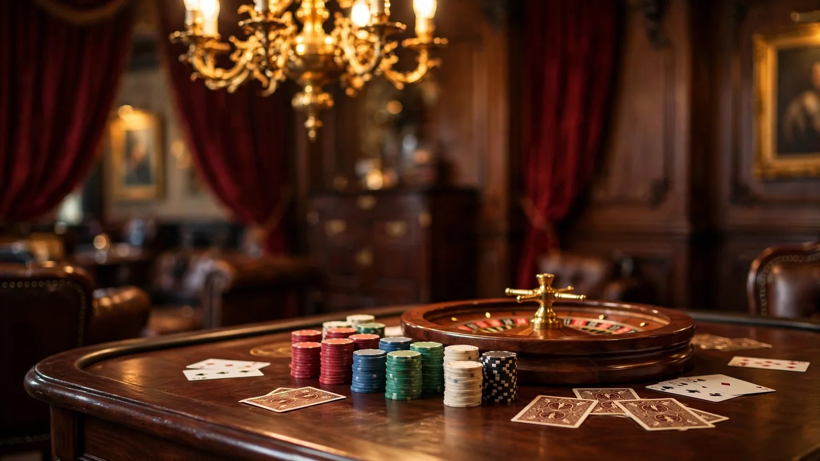 Elegant British casino lounge with mahogany table, chips, and roulette wheel