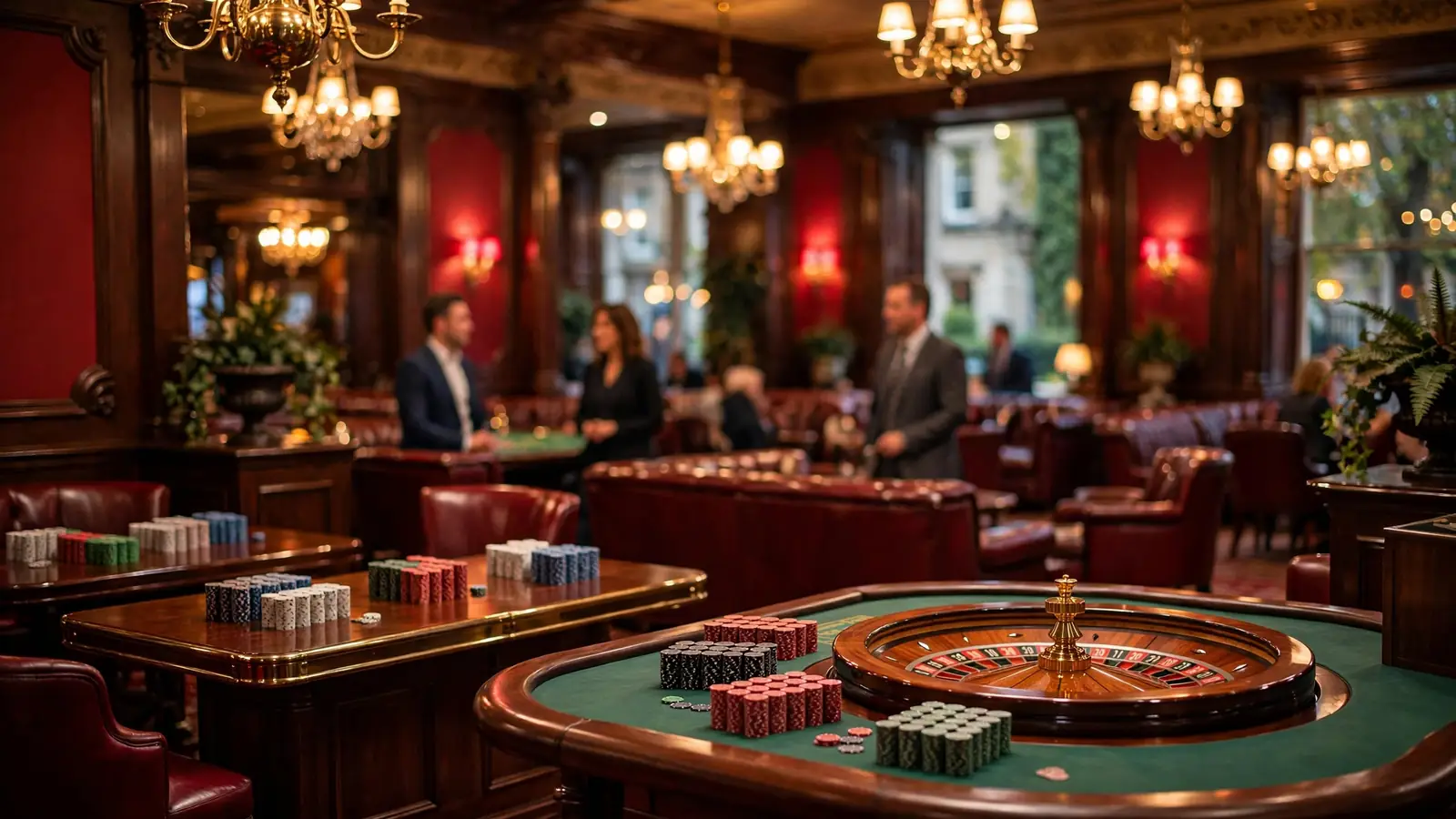 Elegant UK casino lobby with roulette wheel and chips on wooden tables
