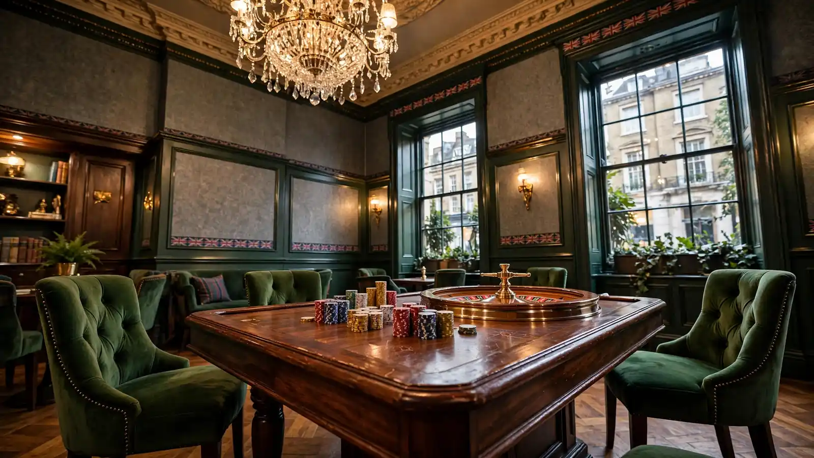 Elegant British casino lounge with roulette wheel and chips