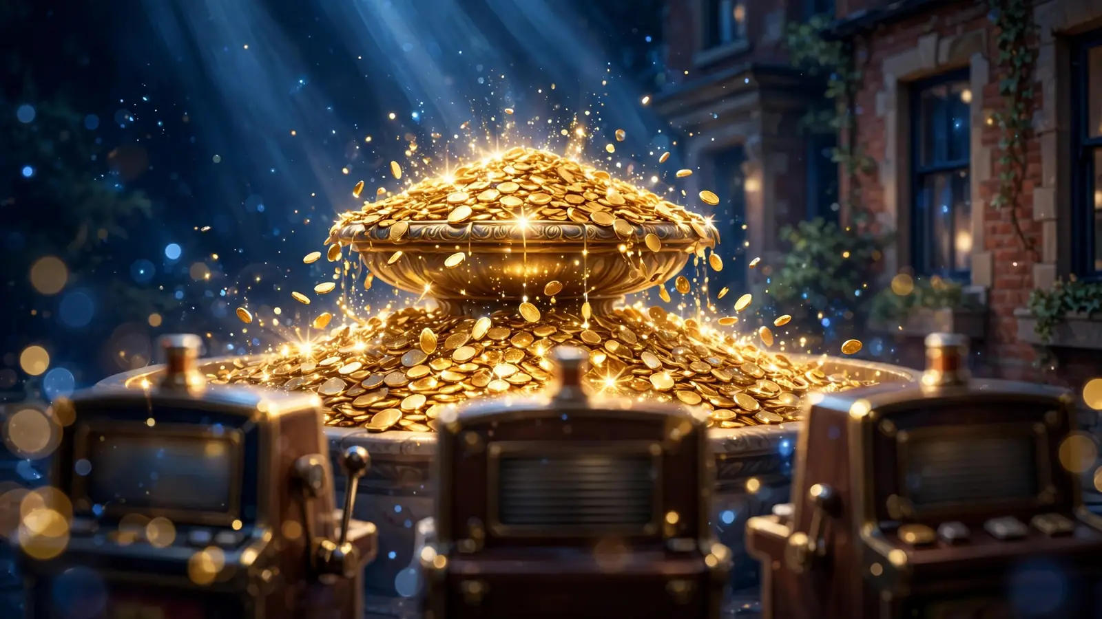 Glowing golden jackpot pool with coins beside out-of-focus slot cabinets on a dark blue background.