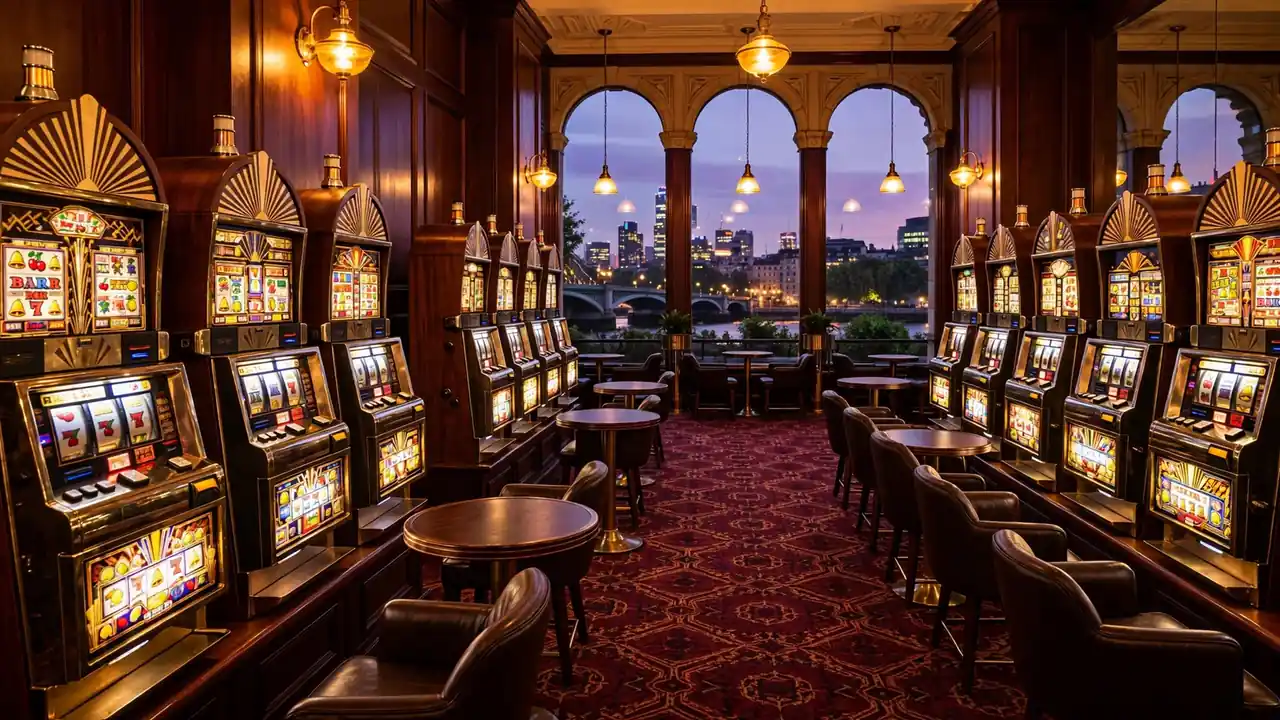 Elegant UK casino lounge with wooden slot cabinets and London skyline at night