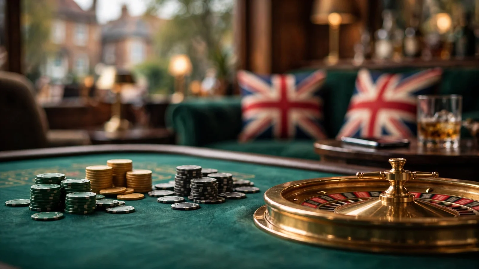 British casino table with chips, roulette wheel and a smartphone on a side table