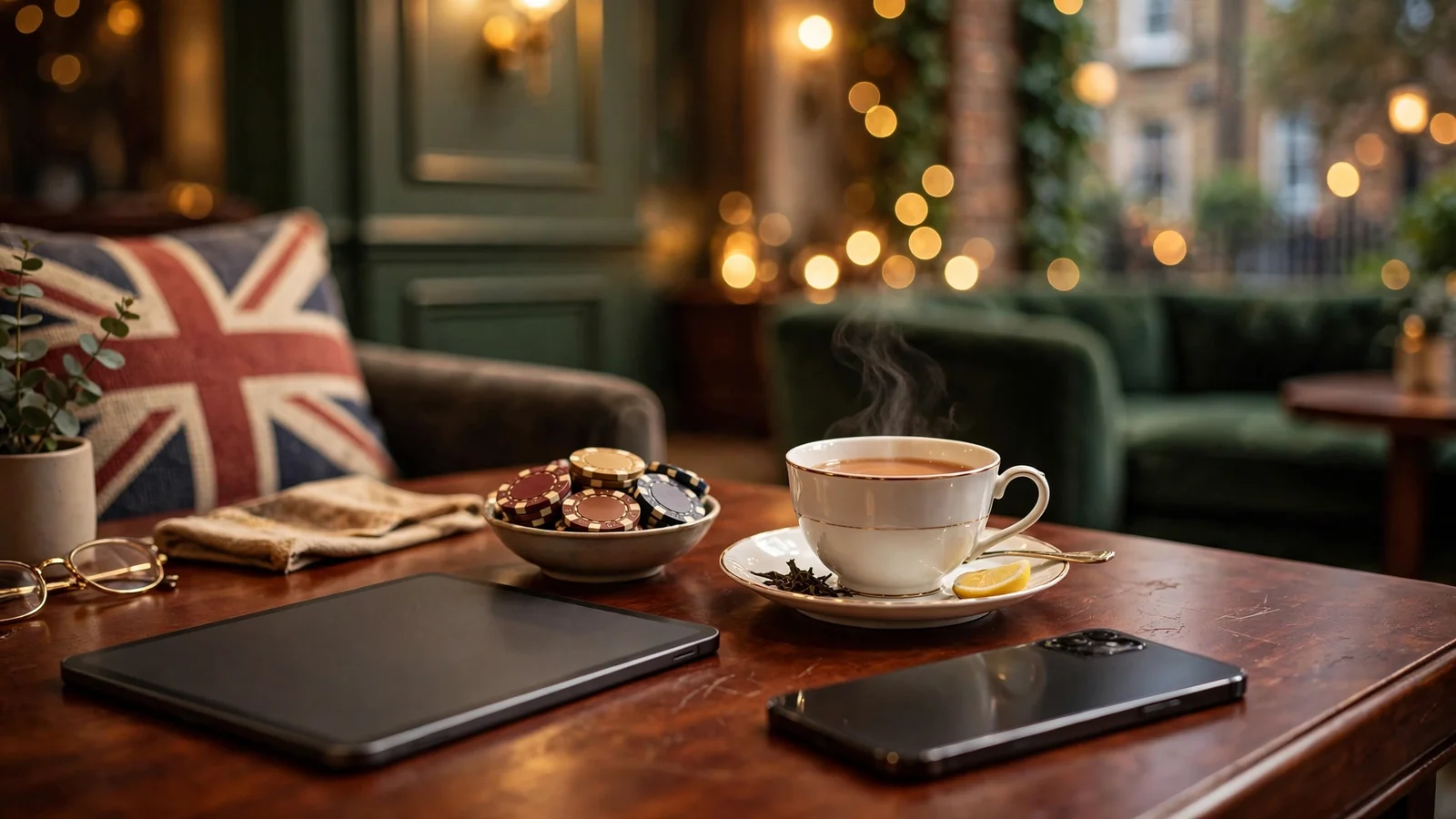 British online casino lounge scene with a smartphone, tea, and poker chips on a mahogany table