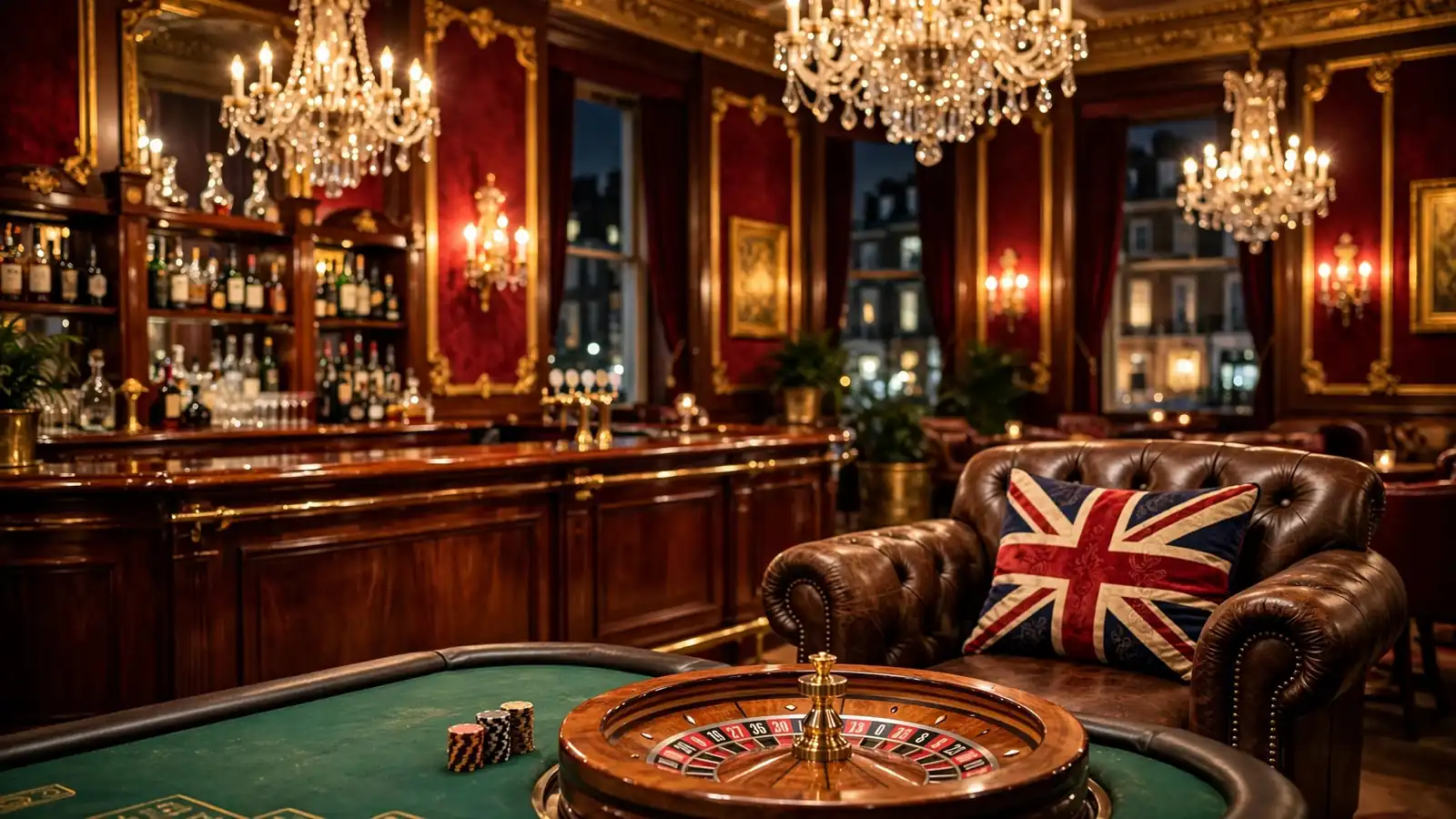 Elegant London casino lounge with roulette wheel, chips, and warm lighting