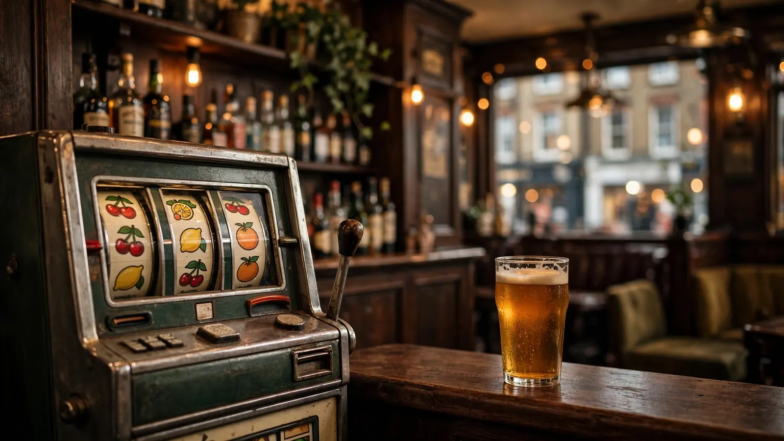 Vintage slot machine on a wooden pub counter with a glass of ale in a traditional British gaming lounge.