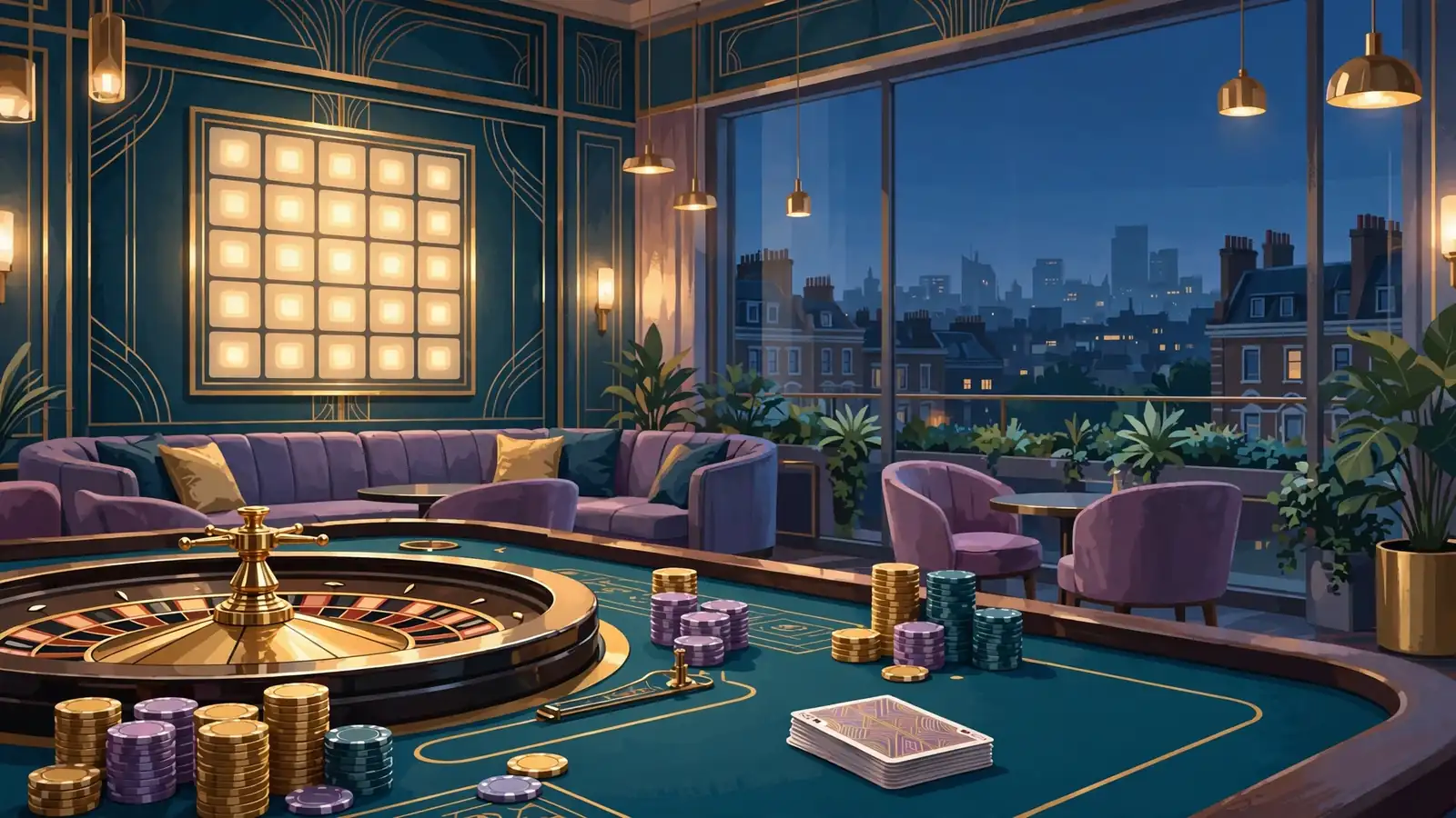 Stylized British casino lounge with roulette, chips, cards, and a glowing bingo grid