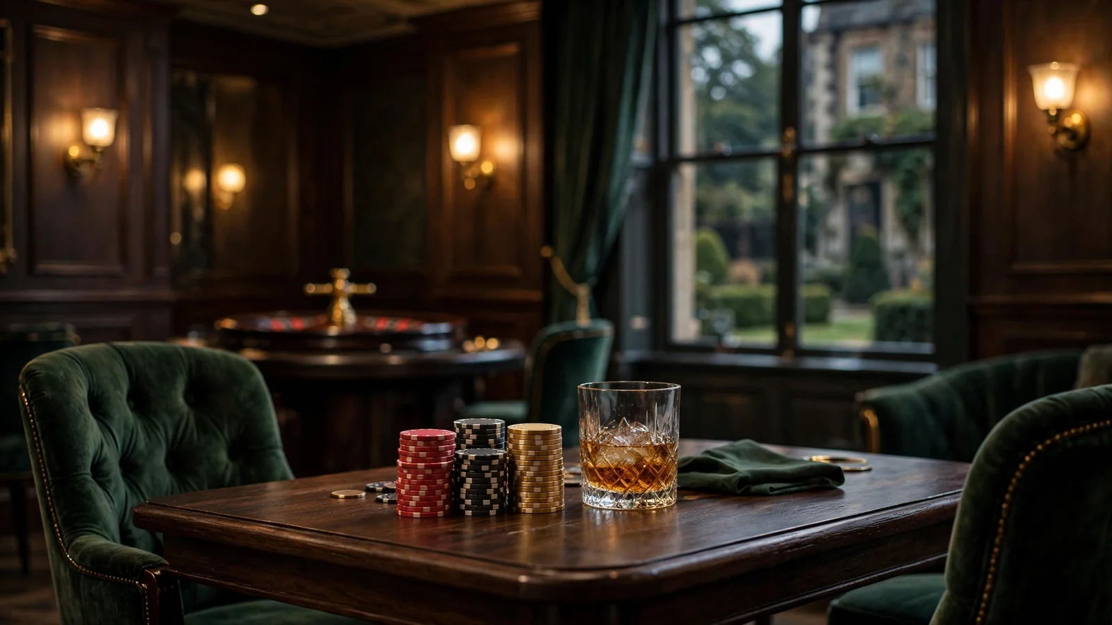 Elegant British casino lounge with stacked chips, roulette wheel, and golden ambient lighting