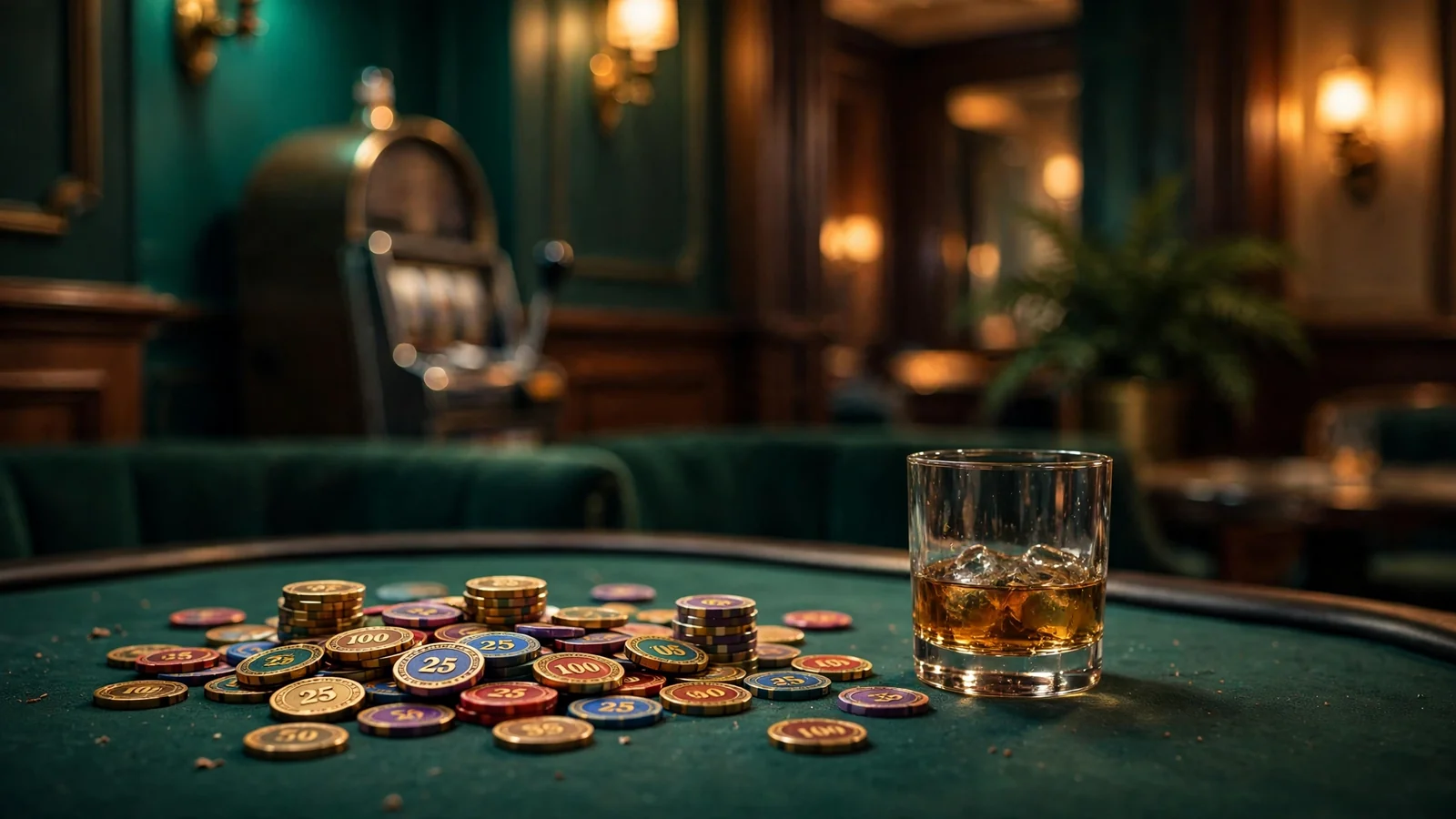 Photorealistic scene of a British casino lounge with slot tokens and whisky on a green felt table