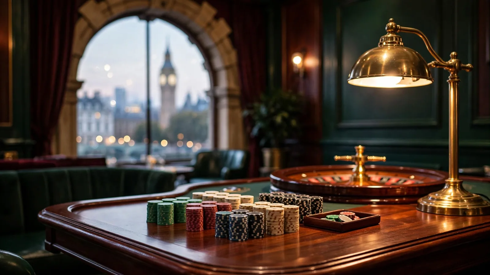 Elegant British casino table with poker chips and roulette wheel in warm lamplight