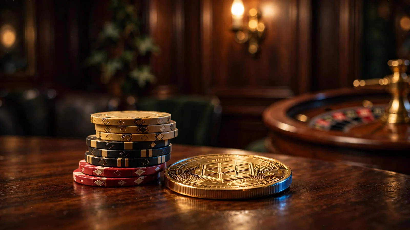 Golden crypto coin and stacked casino chips on a wooden table in a moody London club interior.