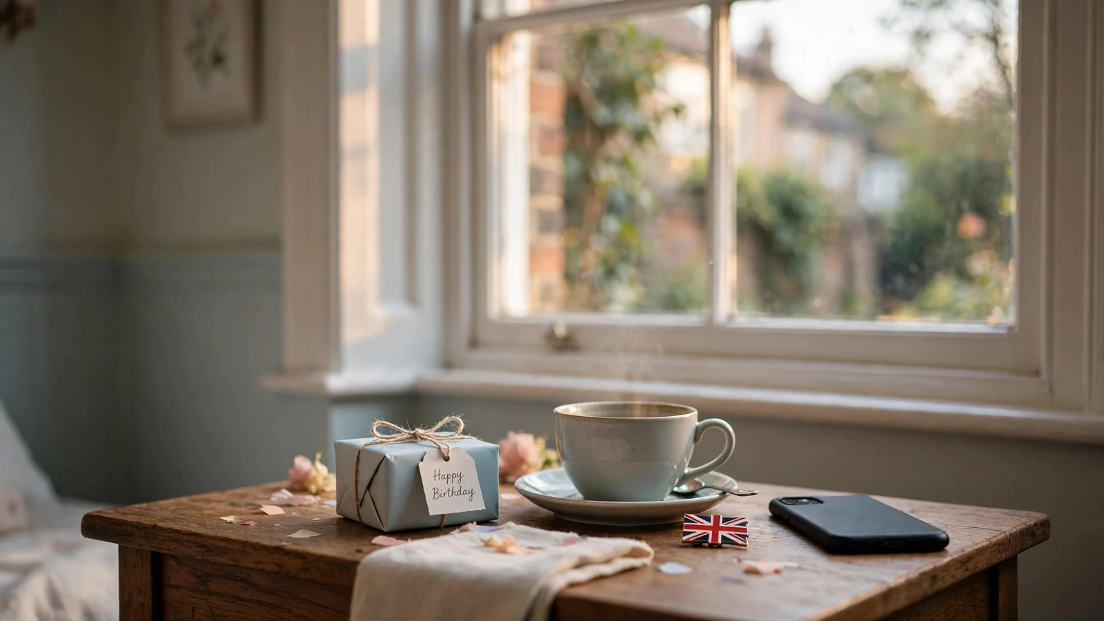 Birthday gift on a UK home table beside a teacup