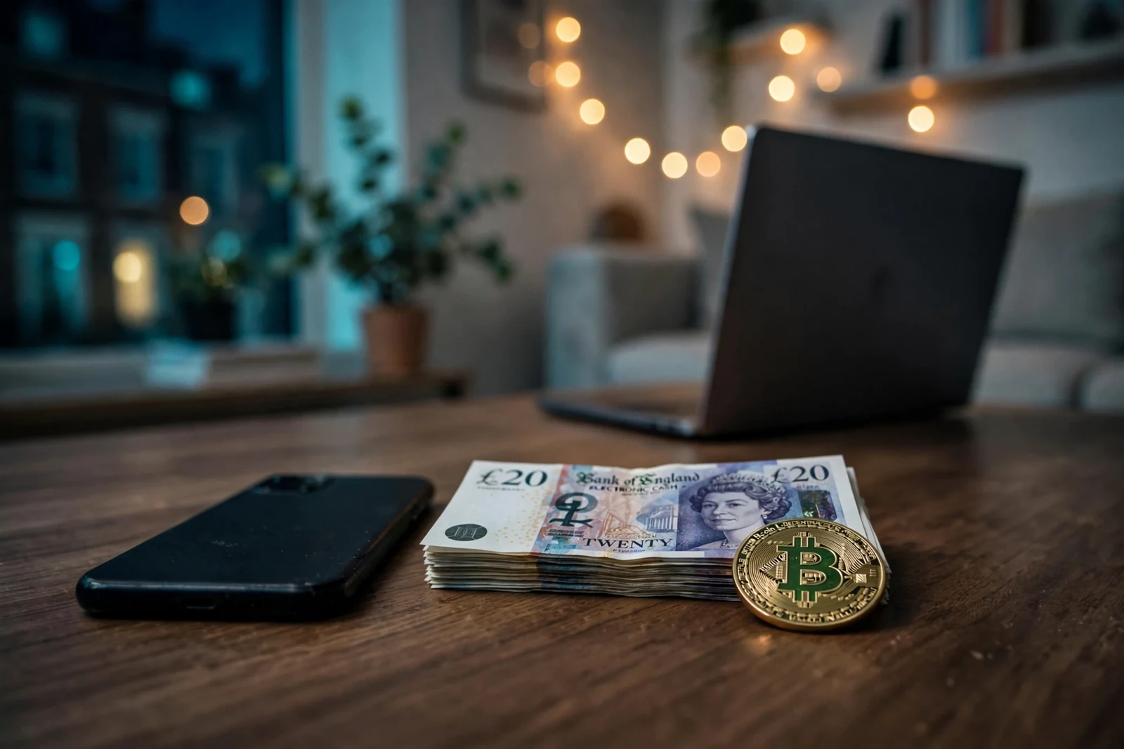Bitcoin Cash coin, smartphone and pound notes on a London table at night