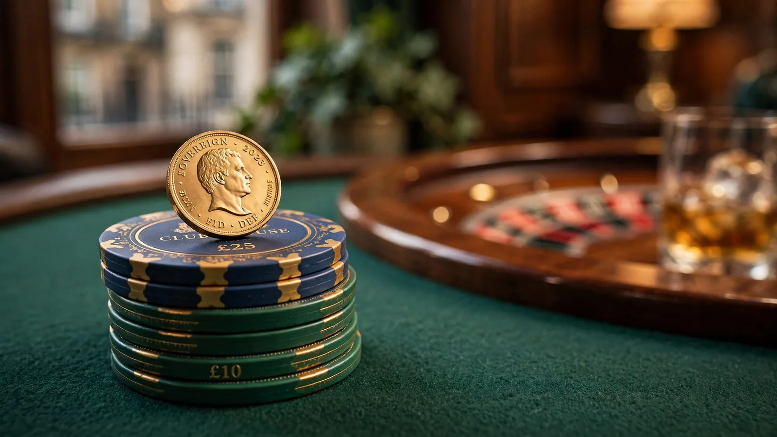 Stack of casino chips with a gold coin on a green felt table, warm cinematic lighting.