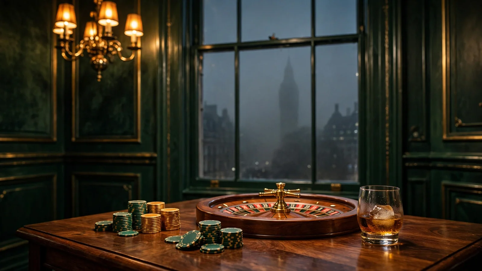 London casino interior with chips, roulette wheel, and Big Ben outside the window