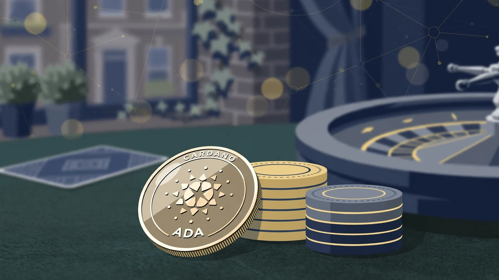 Cardano ADA coin beside casino chips on a card table, British editorial style.