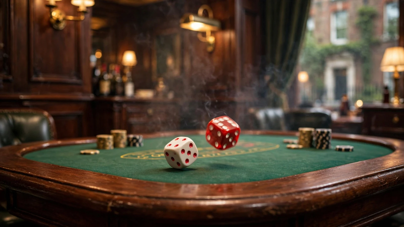 Dice rolling on a green felt casino table in a British gambling club.