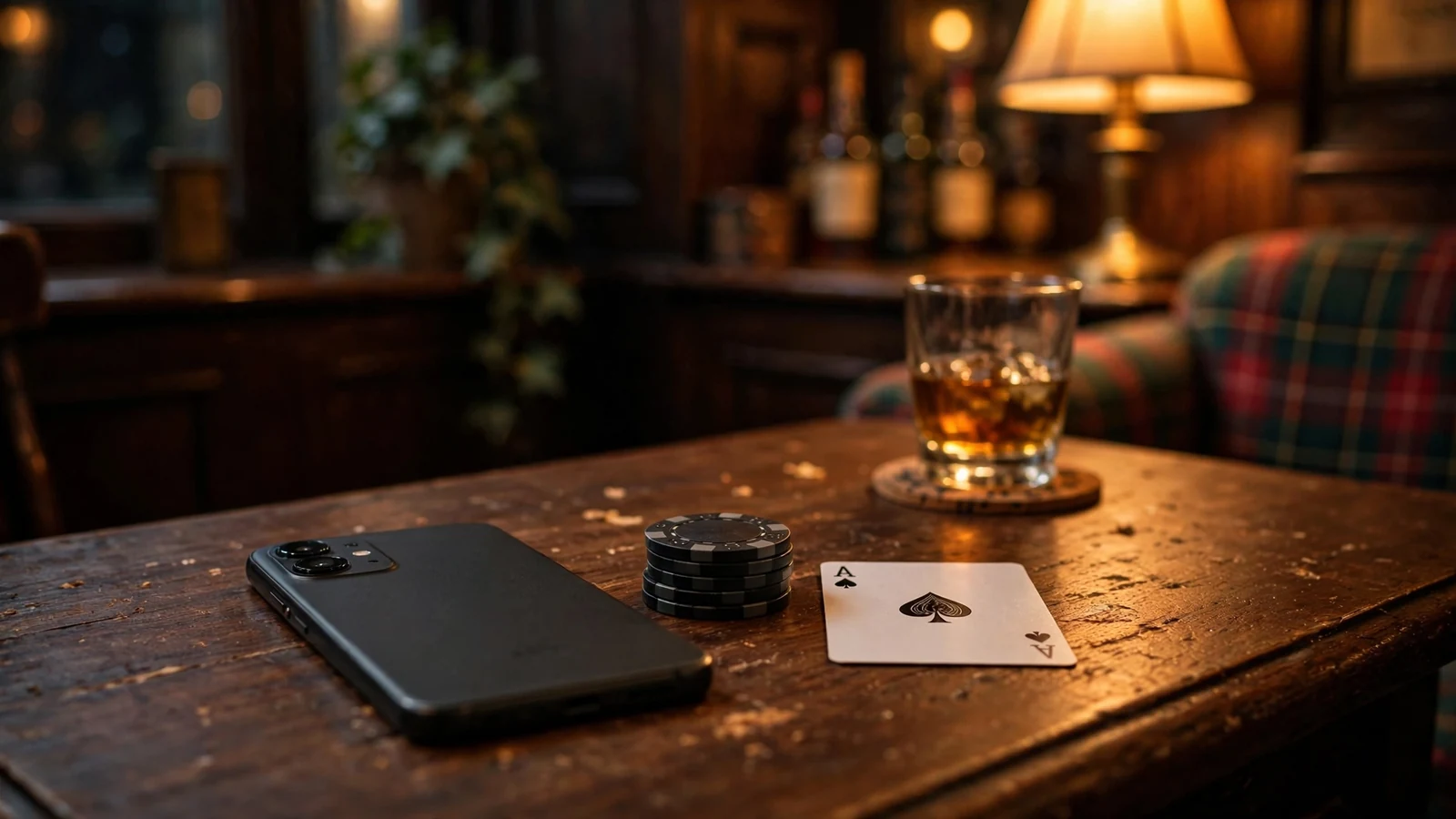 Smartphone face-down on a British pub table with casino chips
