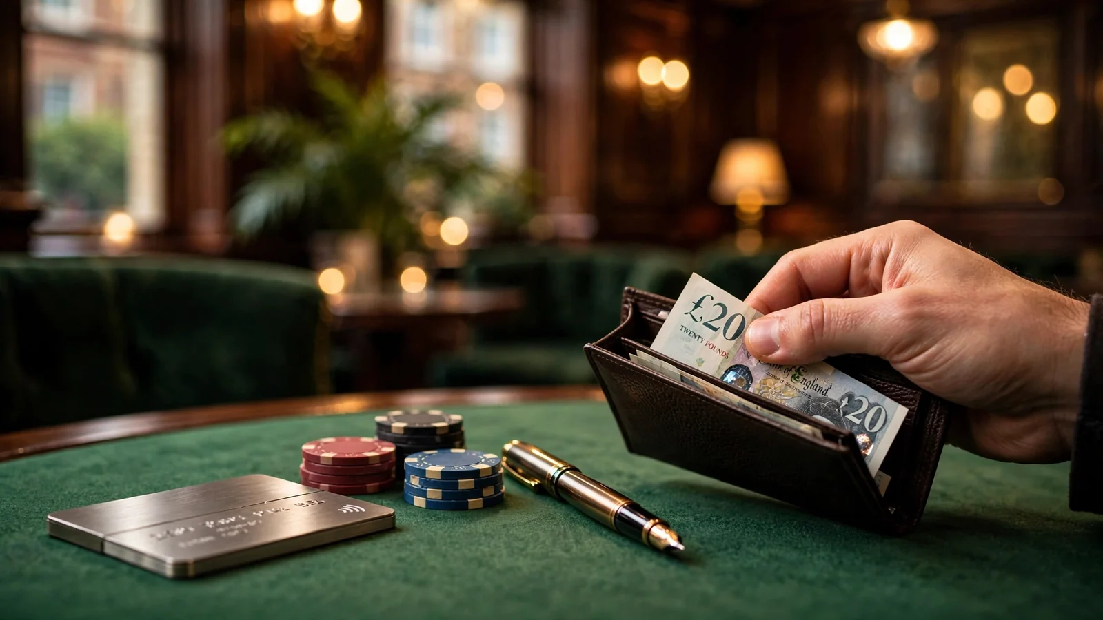 Premium payment card and casino chips on green felt with banknote, warm luxury lounge background