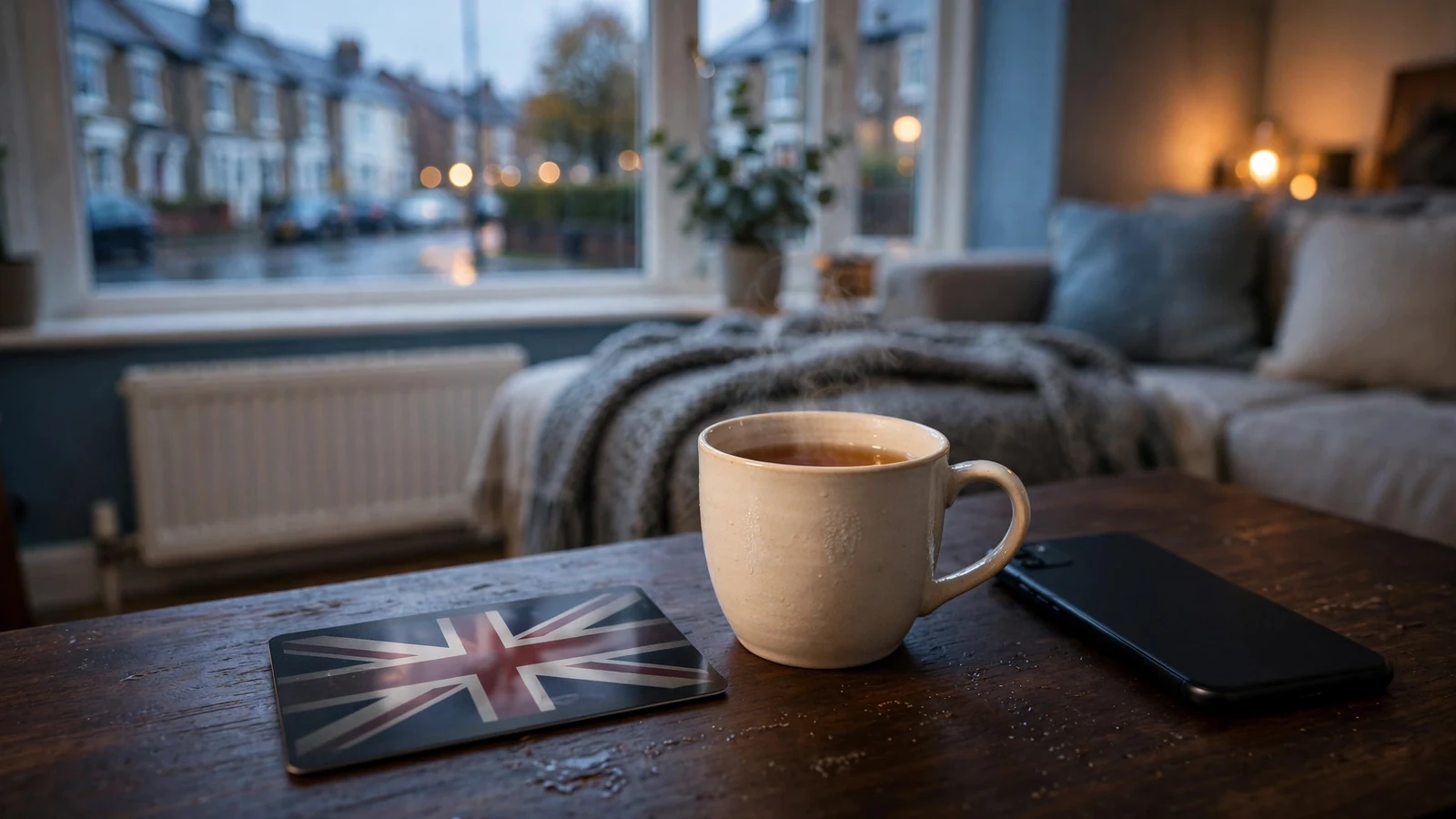 UK debit card on a coffee table with a hidden smartphone and a mug of tea
