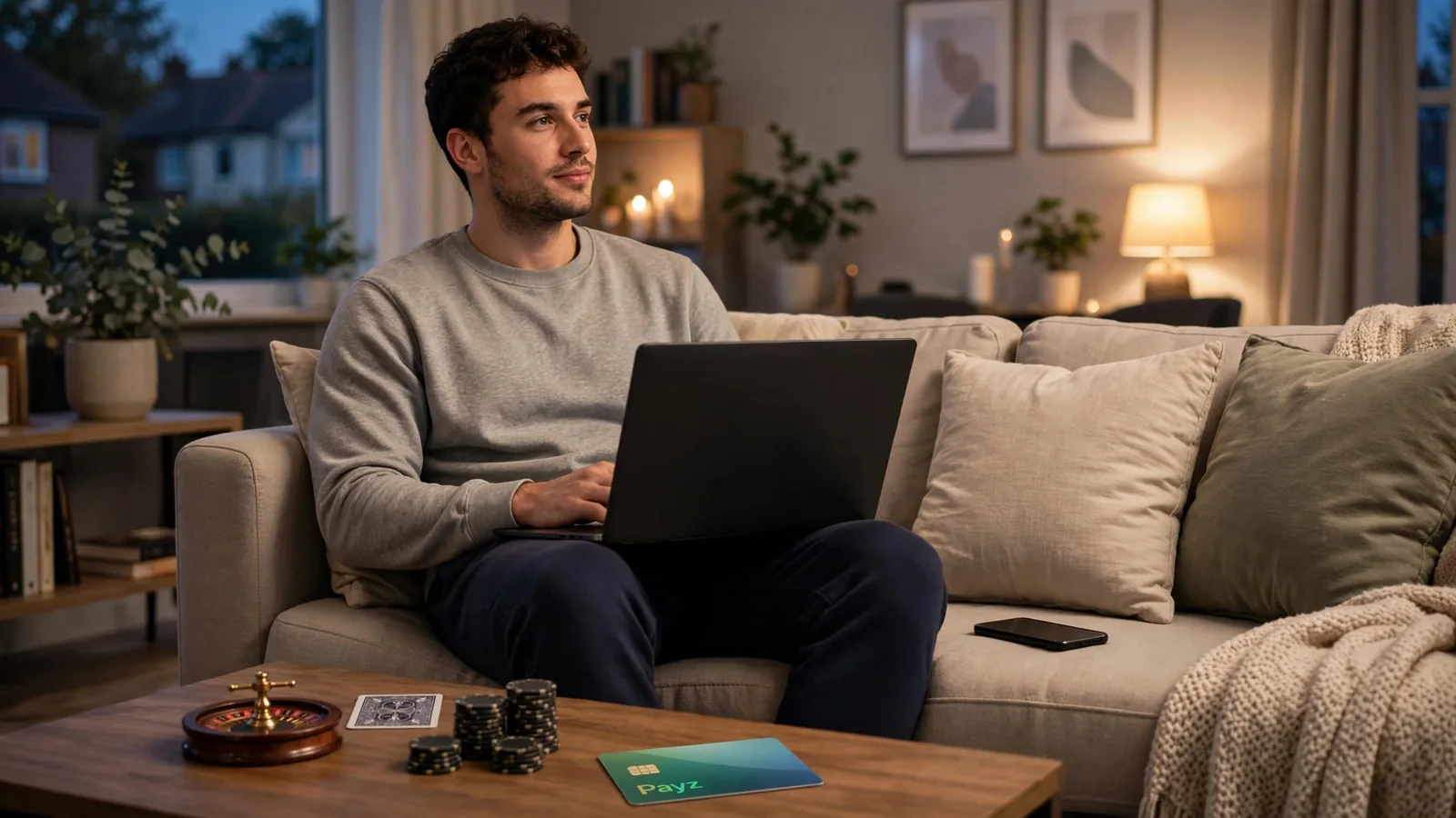 UK player at home with laptop and decorative casino items near a digital wallet card