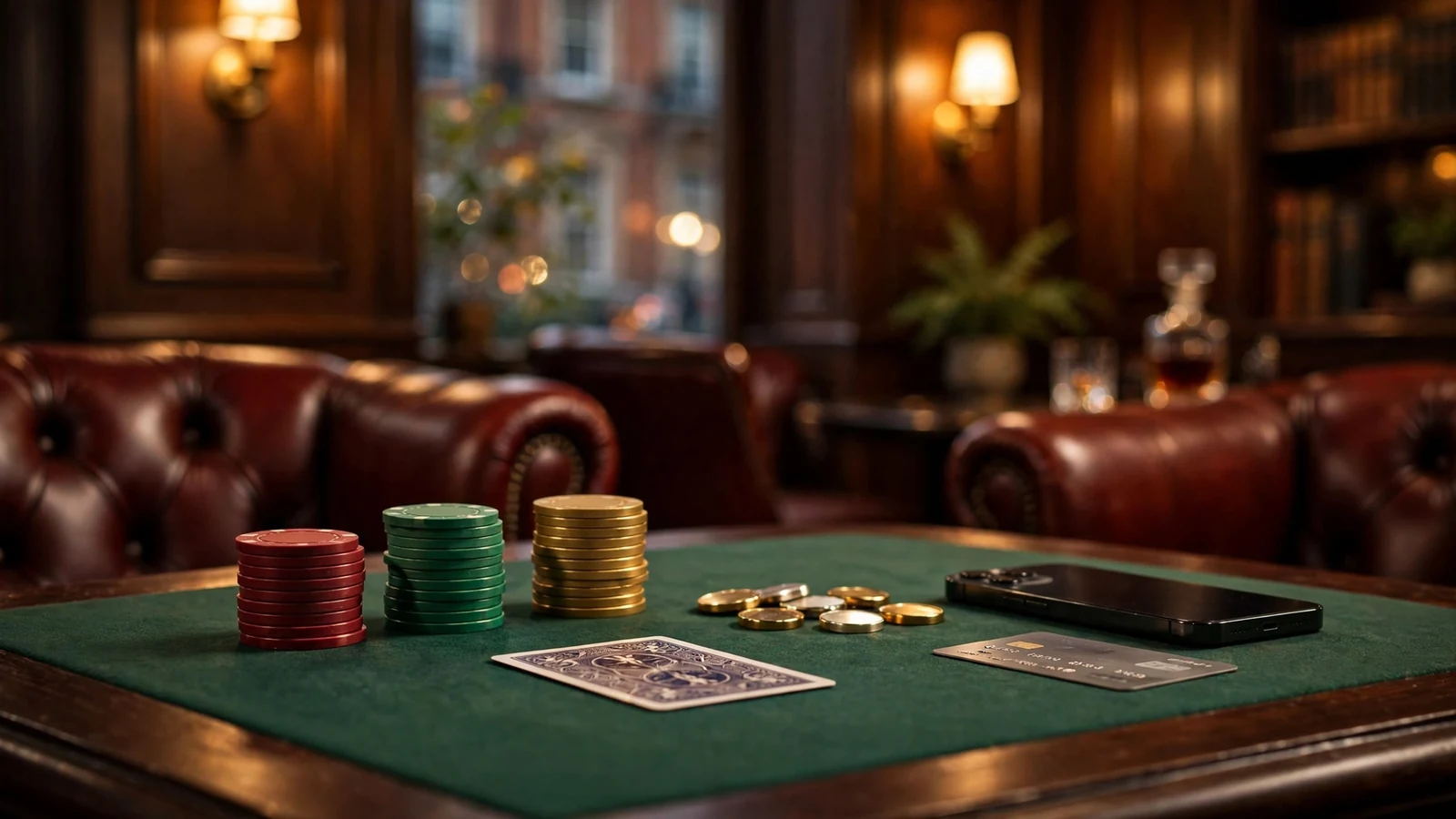 Elegant London club card table with casino chips and a smartphone.