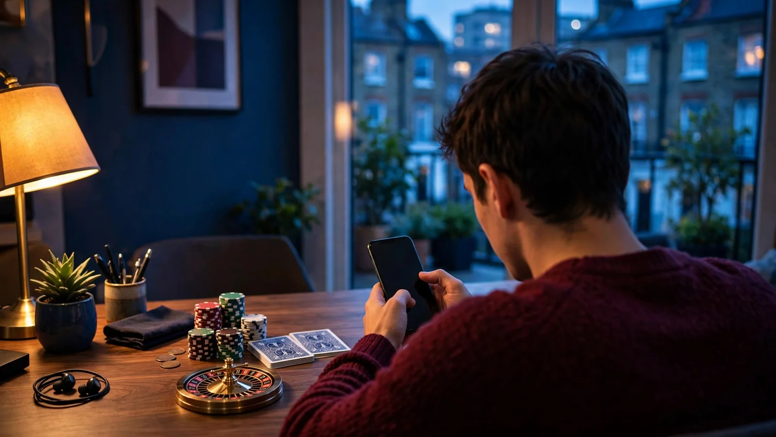 Smartphone, Skrill card and casino chips on a wooden table in a UK club setting