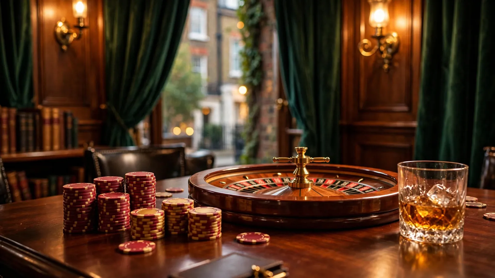 Luxurious private London gaming room with roulette, chips, and whisky