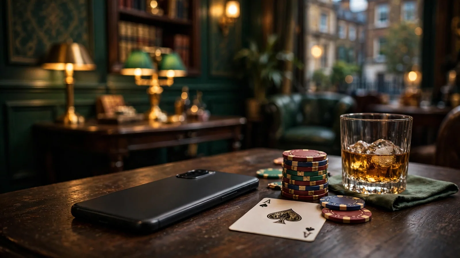 Offshore casino lounge with roulette wheel and chips near an exotic coastline