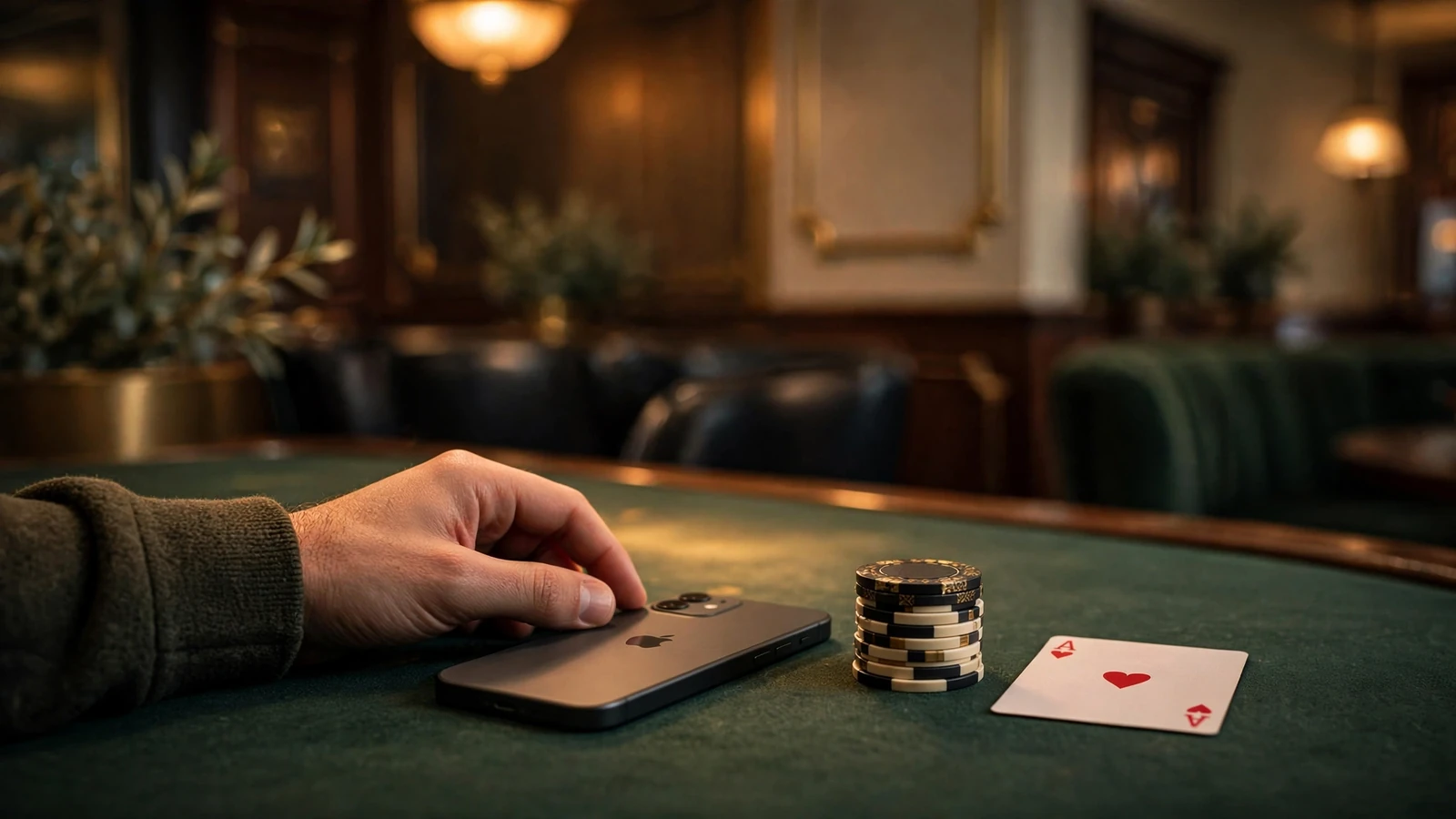 iPhone resting on a casino table with chips and a playing card in moody lighting.