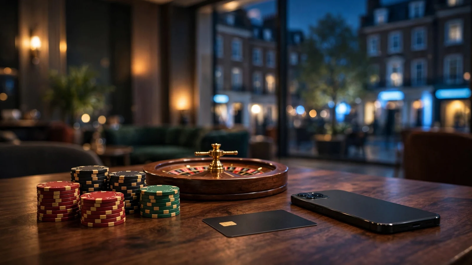 Casino chips and roulette wheel on a table with a smartphone, London night setting
