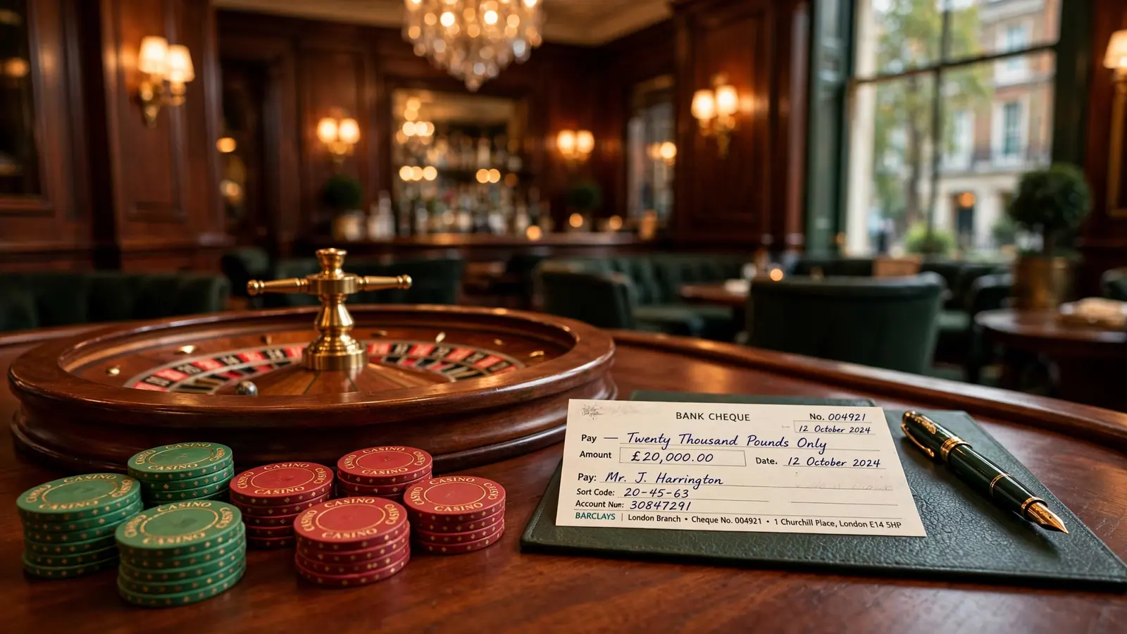 British casino table with chips, roulette wheel, and a bank cheque