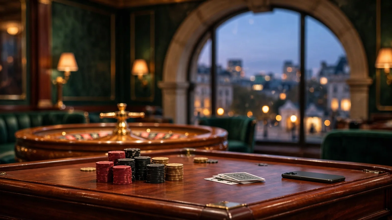 London casino table with poker chips and cards at dusk