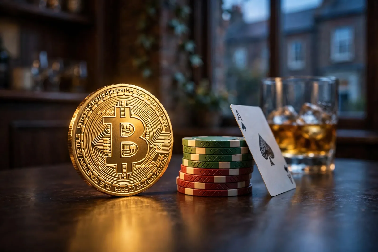 Golden Bitcoin coin beside casino chips, a playing card, and a whisky glass on a dark surface.