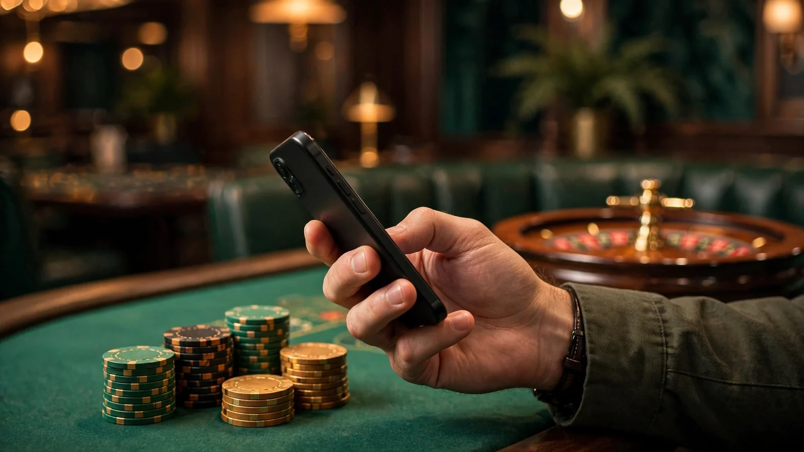 Hand holding a smartphone at a UK casino table with chips and roulette wheel