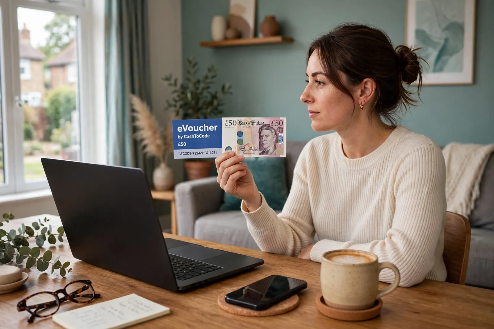 Person comparing a CashToCode voucher with British pound notes near a laptop in a modern UK home.