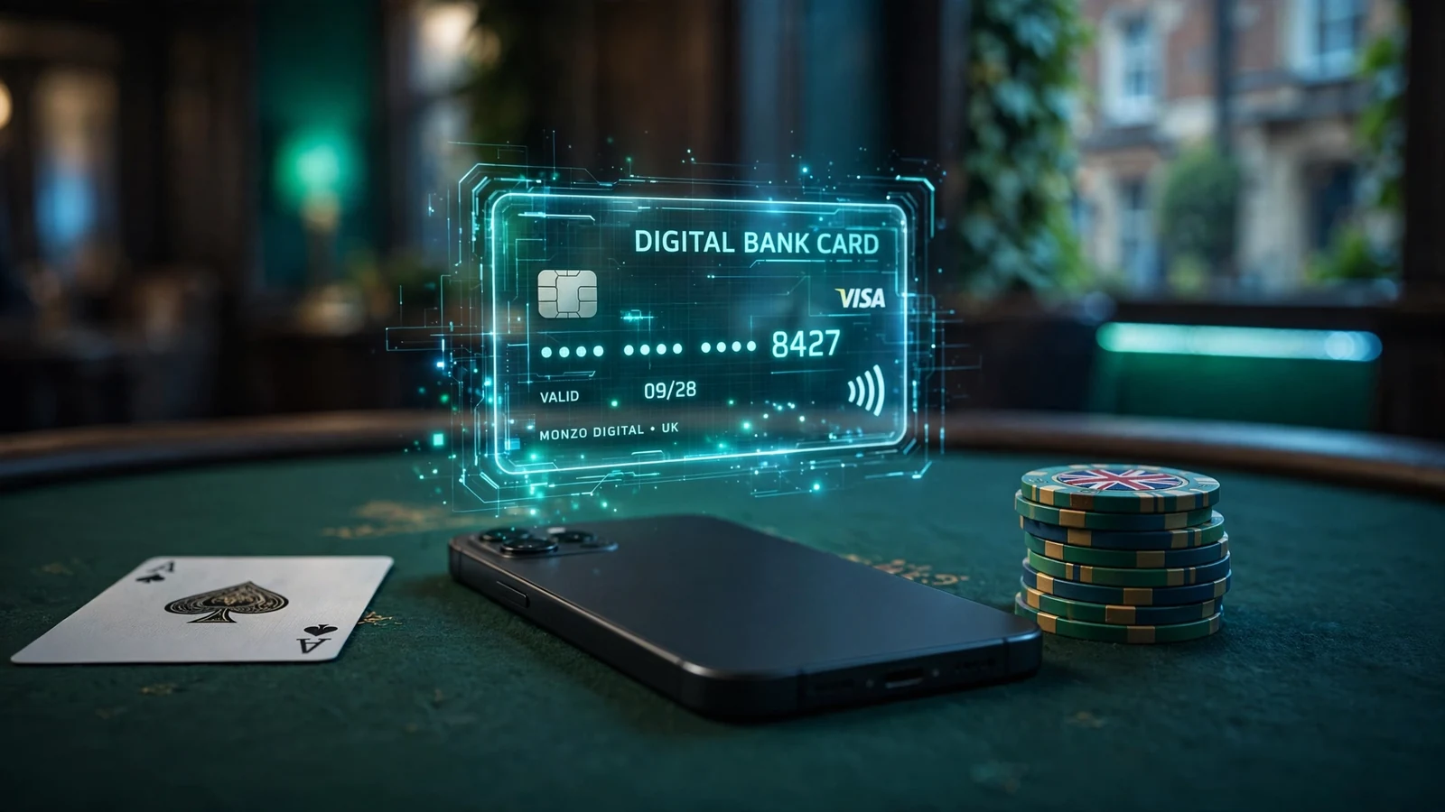 Smartphone, bank card, and poker chips on a casino table representing Citadel payment at UK casinos.