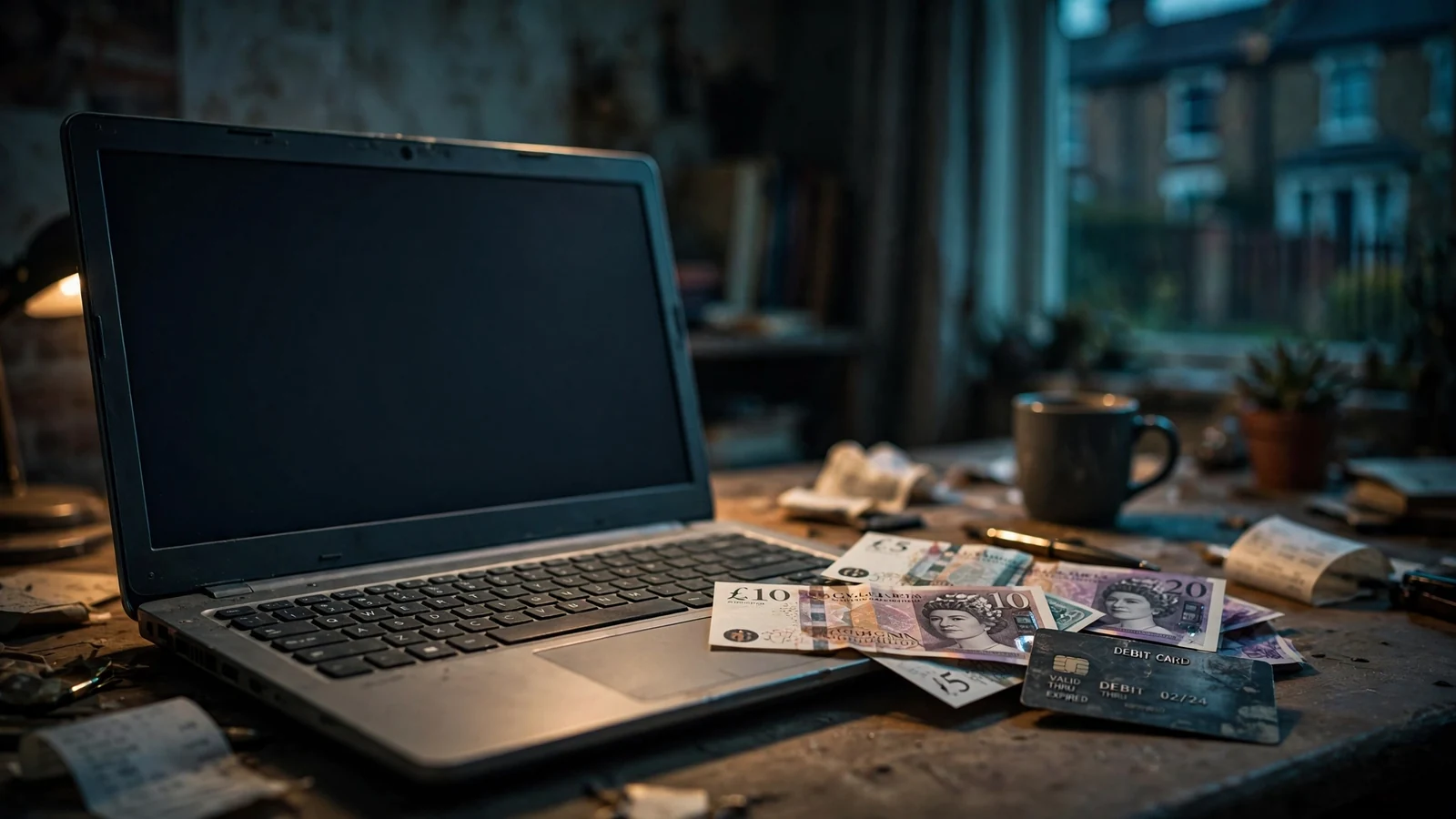 Laptop in dim British home office suggesting an obsolete online casino payment method.