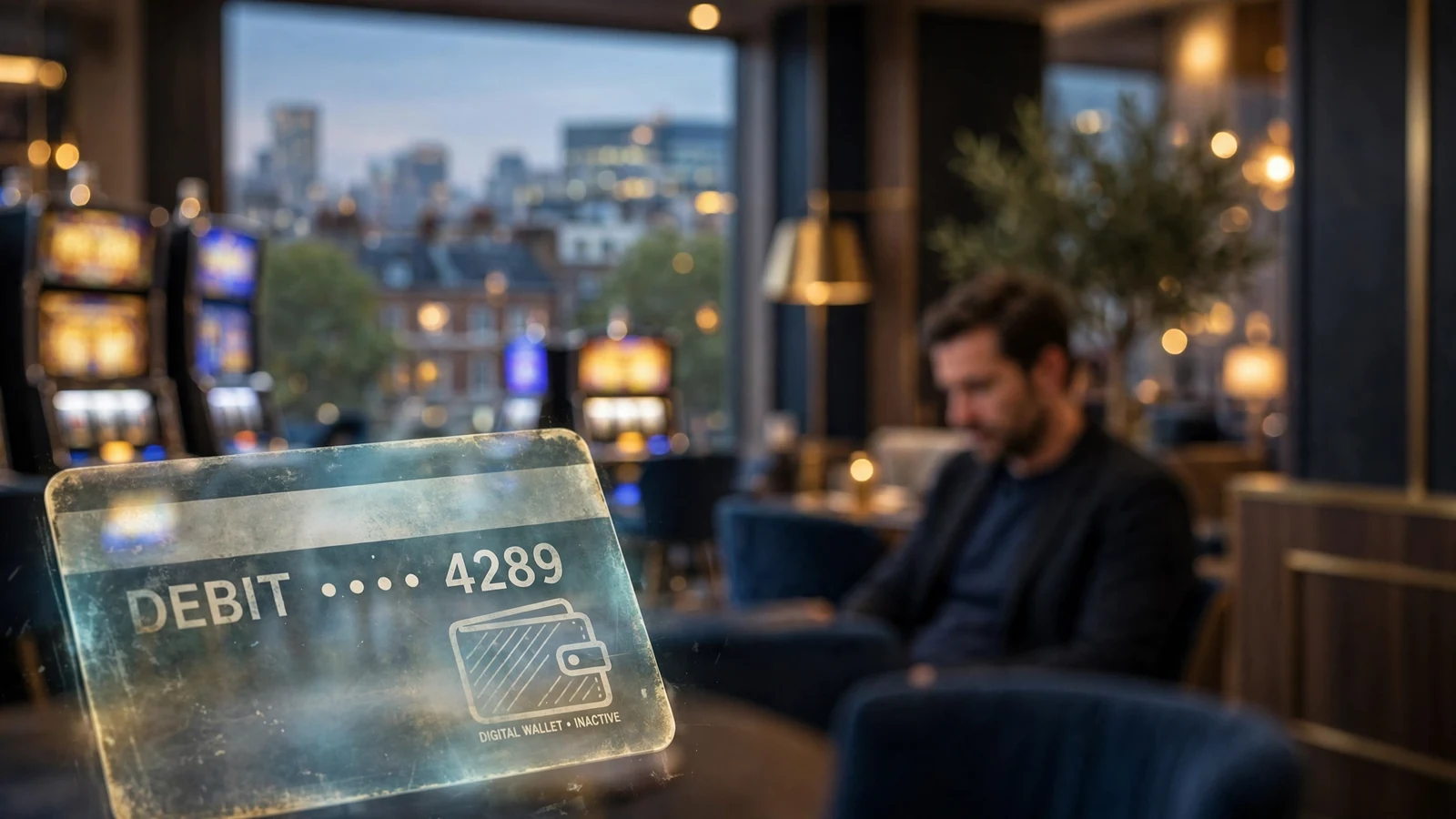Faded vintage payment card in a modern British casino setting