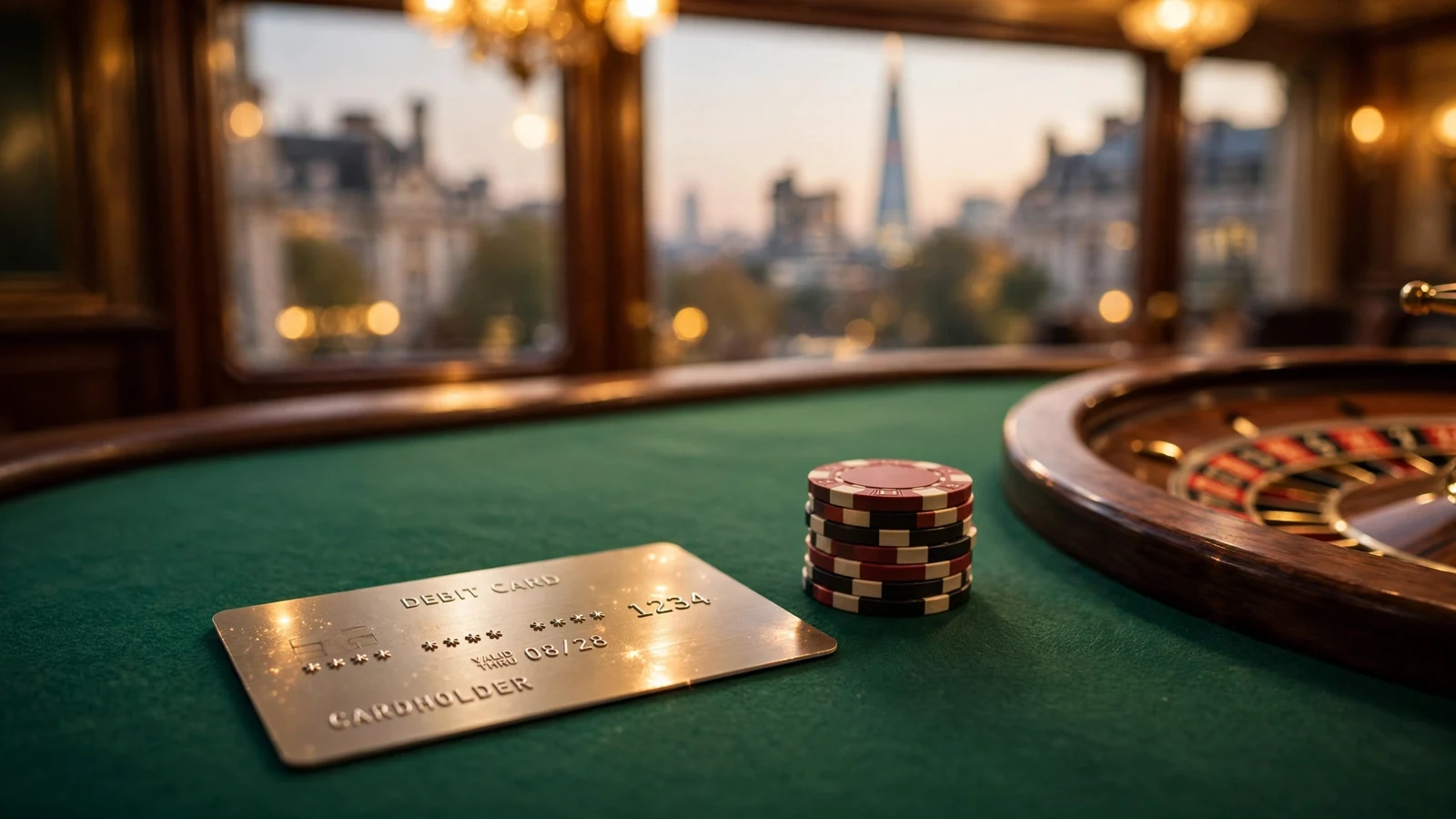Generic debit card on a green casino table with chips, London skyline silhouette in background