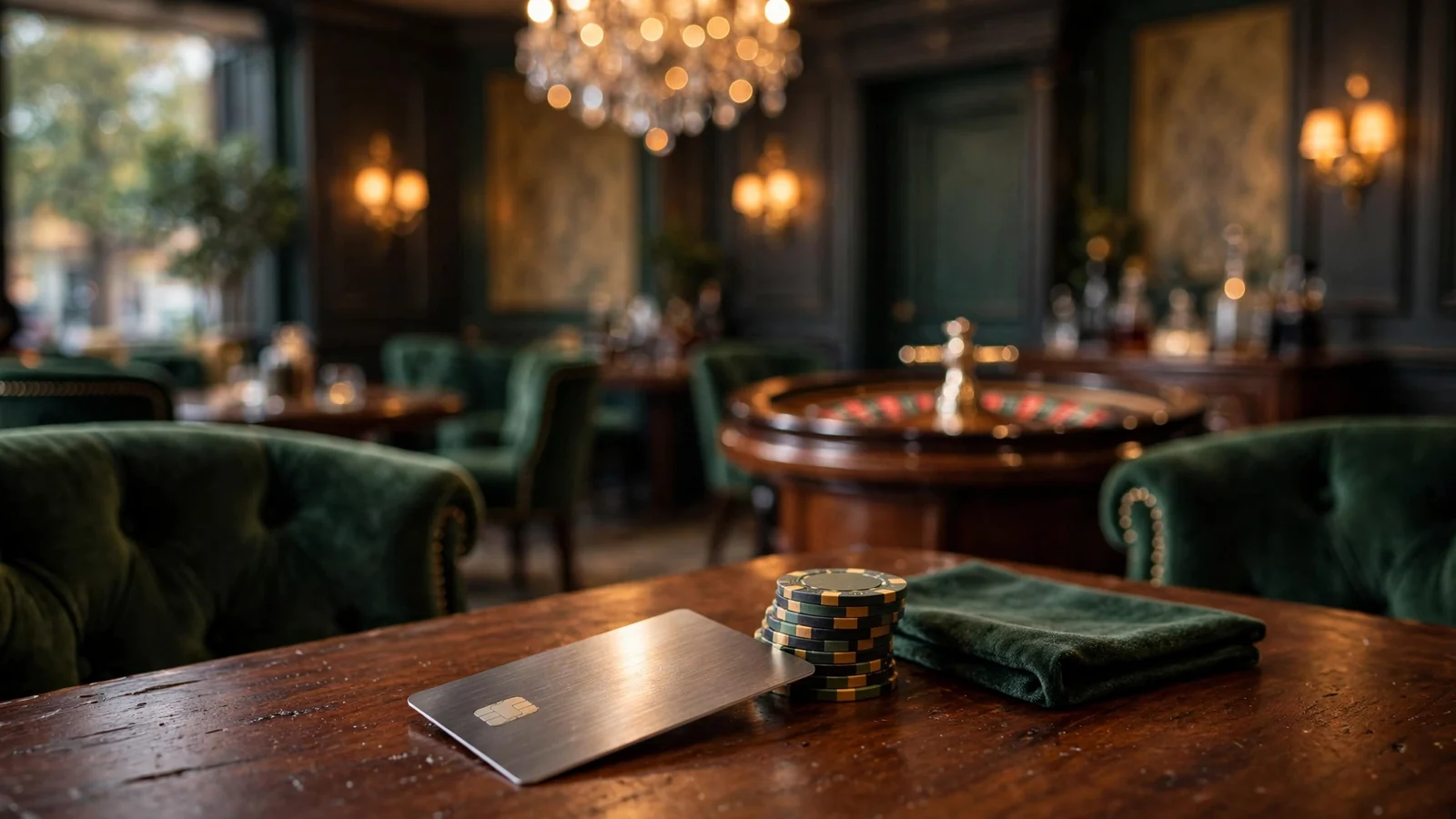 Elegant UK casino lounge with premium card and chips on table