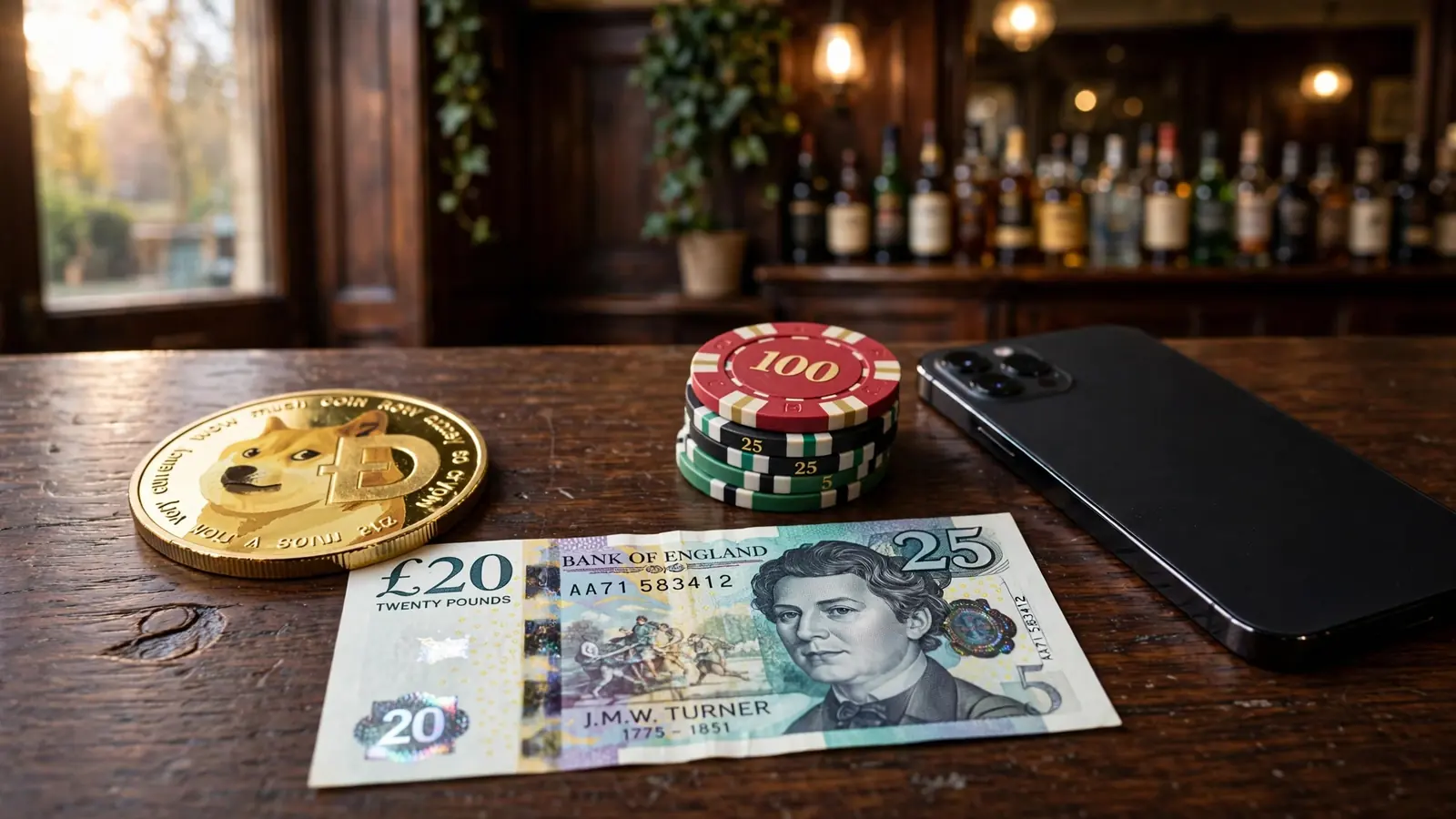 Gold Dogecoin token beside British pound note and casino chips on dark wood.