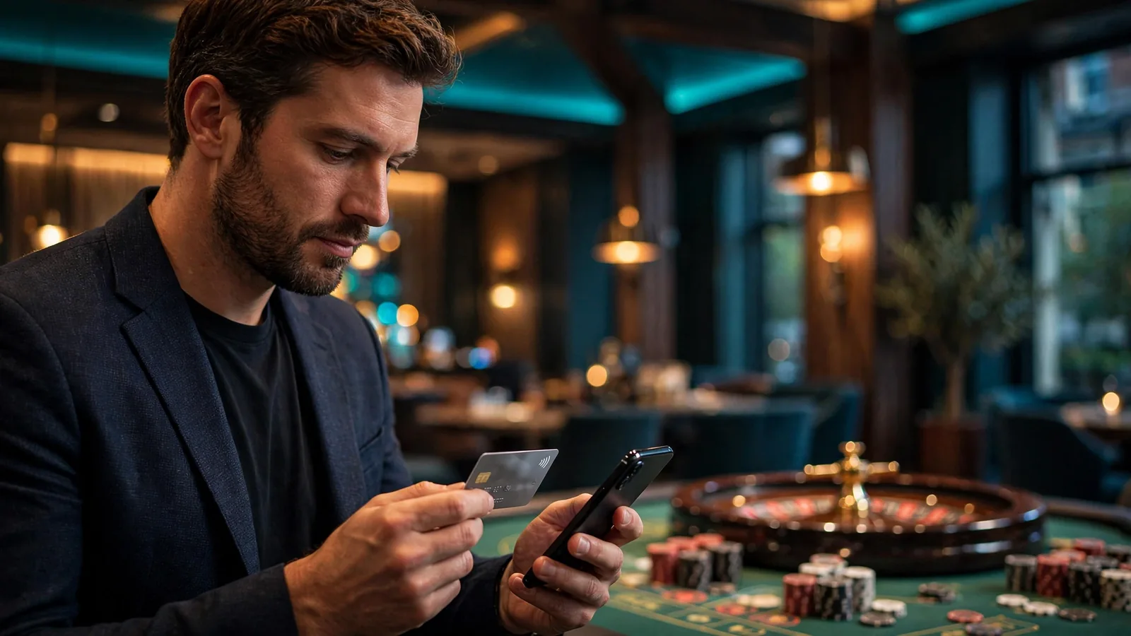 Person with smartphone and contactless card in a modern UK casino lounge
