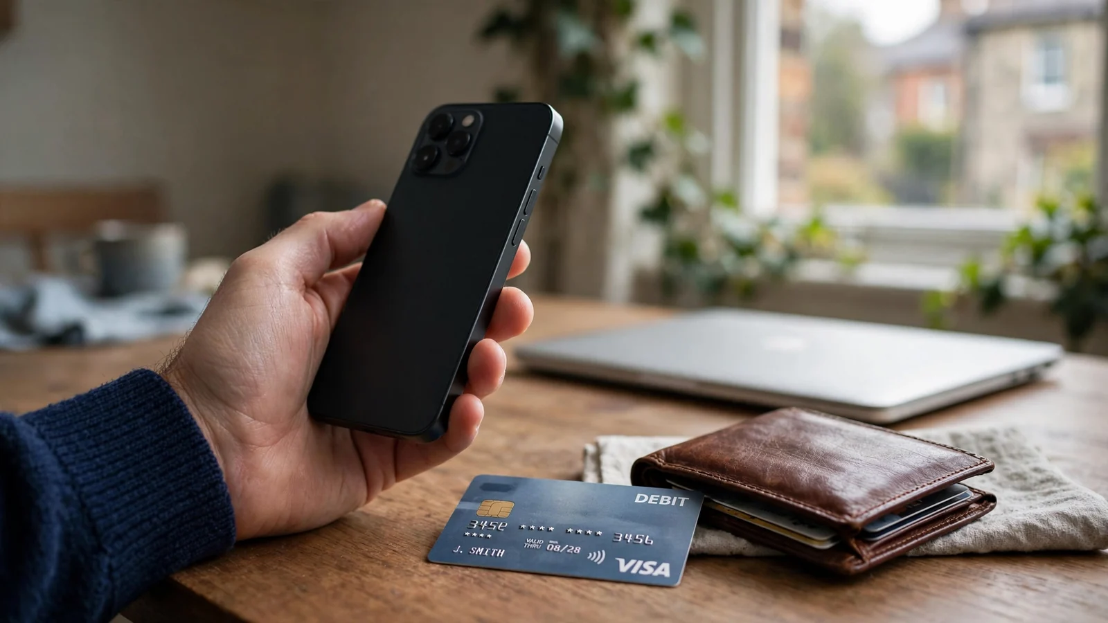 Hand holding a smartphone near wallet and bank card on a wooden table