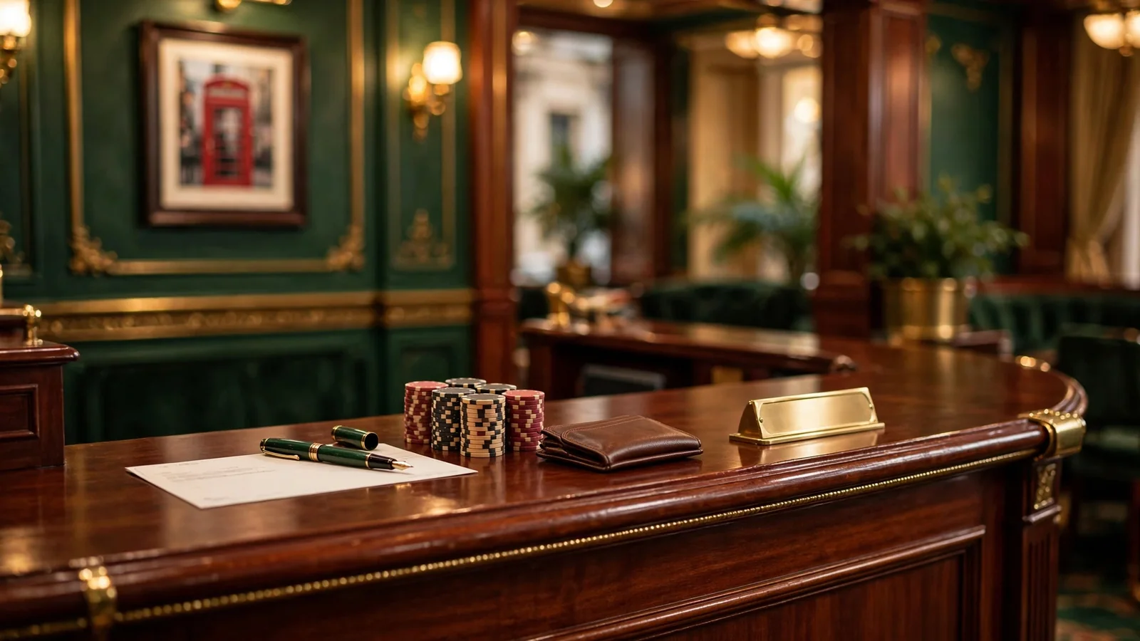 UK casino cashier counter with a paper cheque, pen, and casino chips