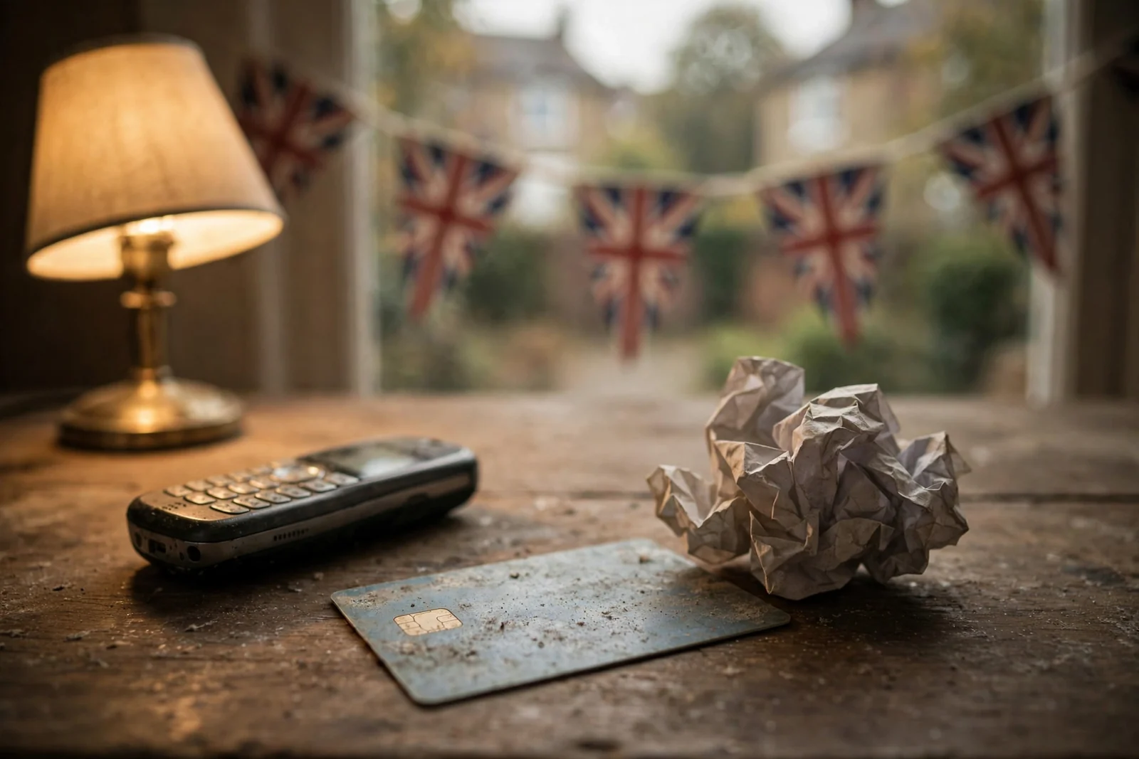 Abandoned prepaid card on a desk beside an old phone and bank statement, UK setting, dim lamp light.