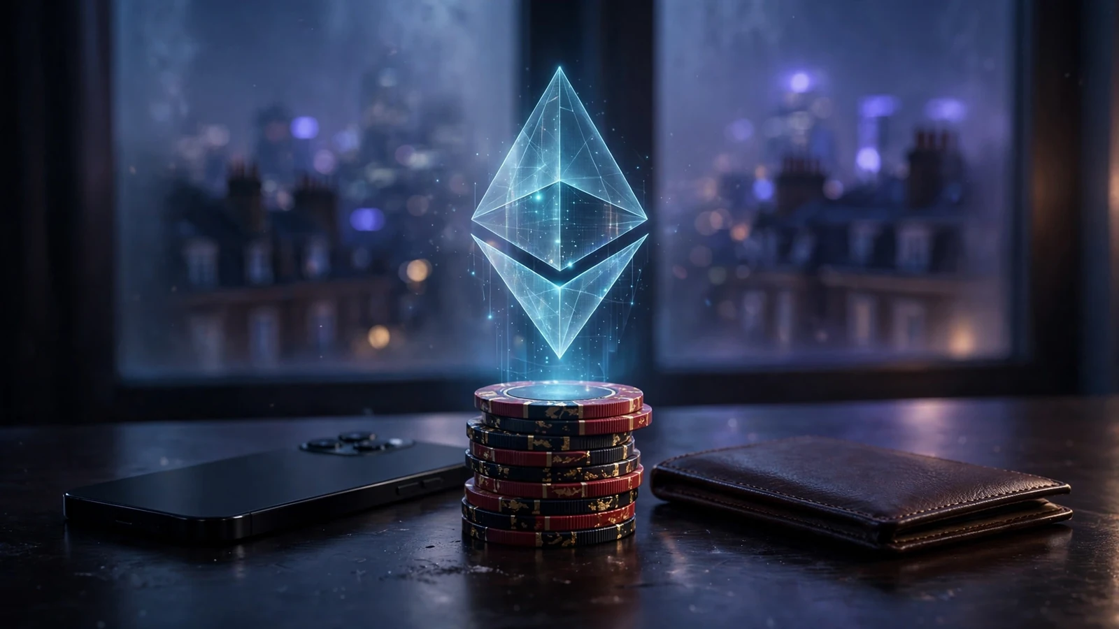 Ethereum symbol glowing above casino chips on a desk with London night skyline.