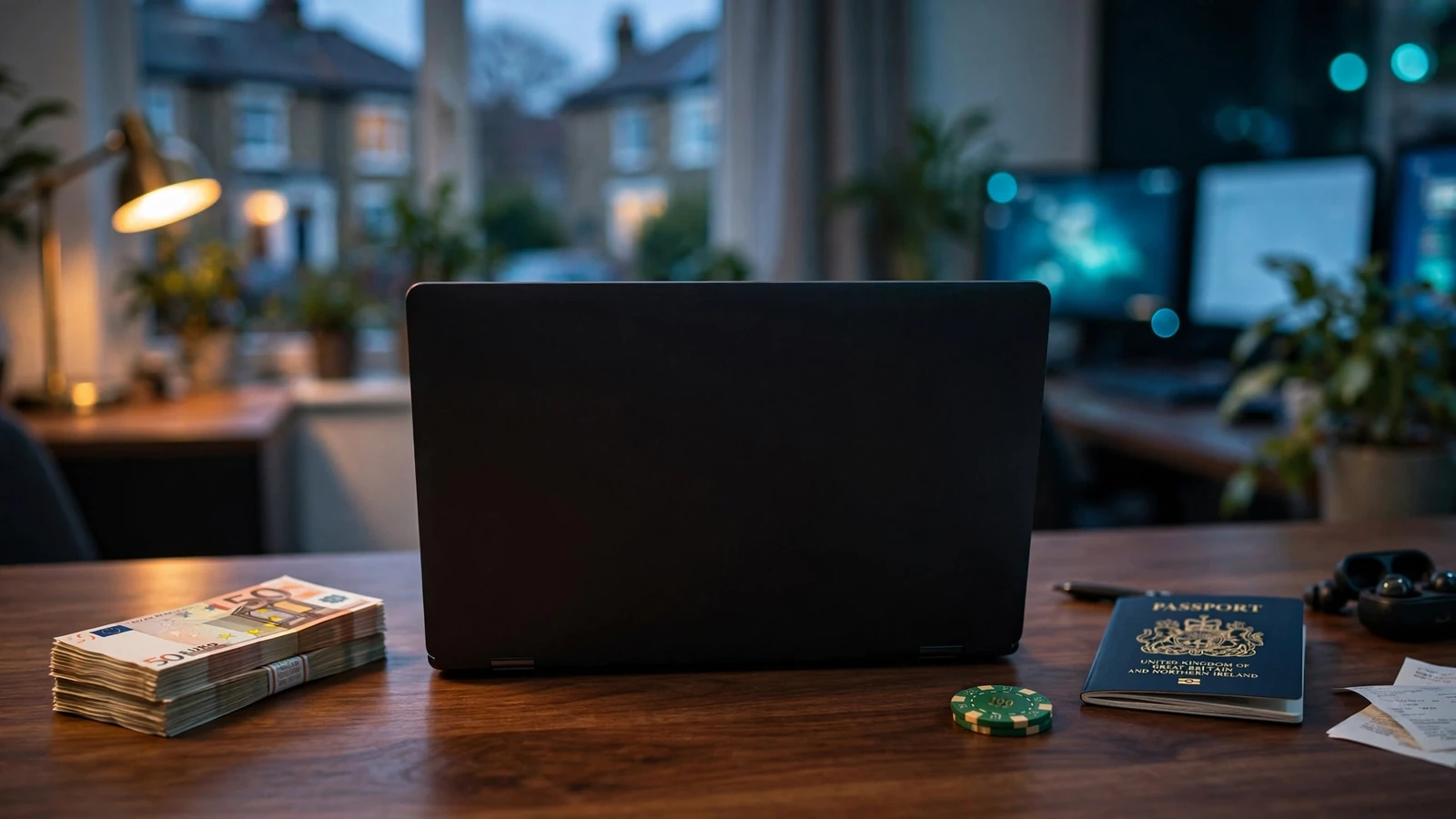 Online casino cashier desk with laptop, euro notes and British passport