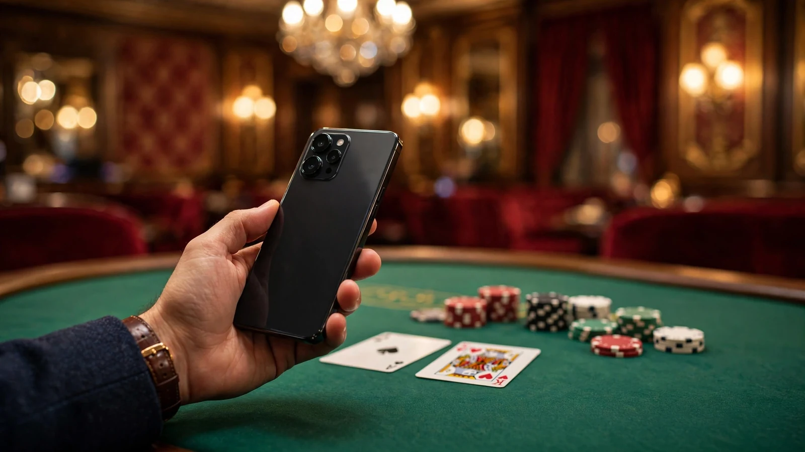 Hand holding smartphone over a casino card table with chips in an elegant UK casino interior