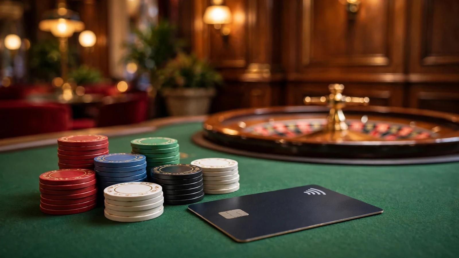 Casino chips and contactless payment card on green felt in a London casino