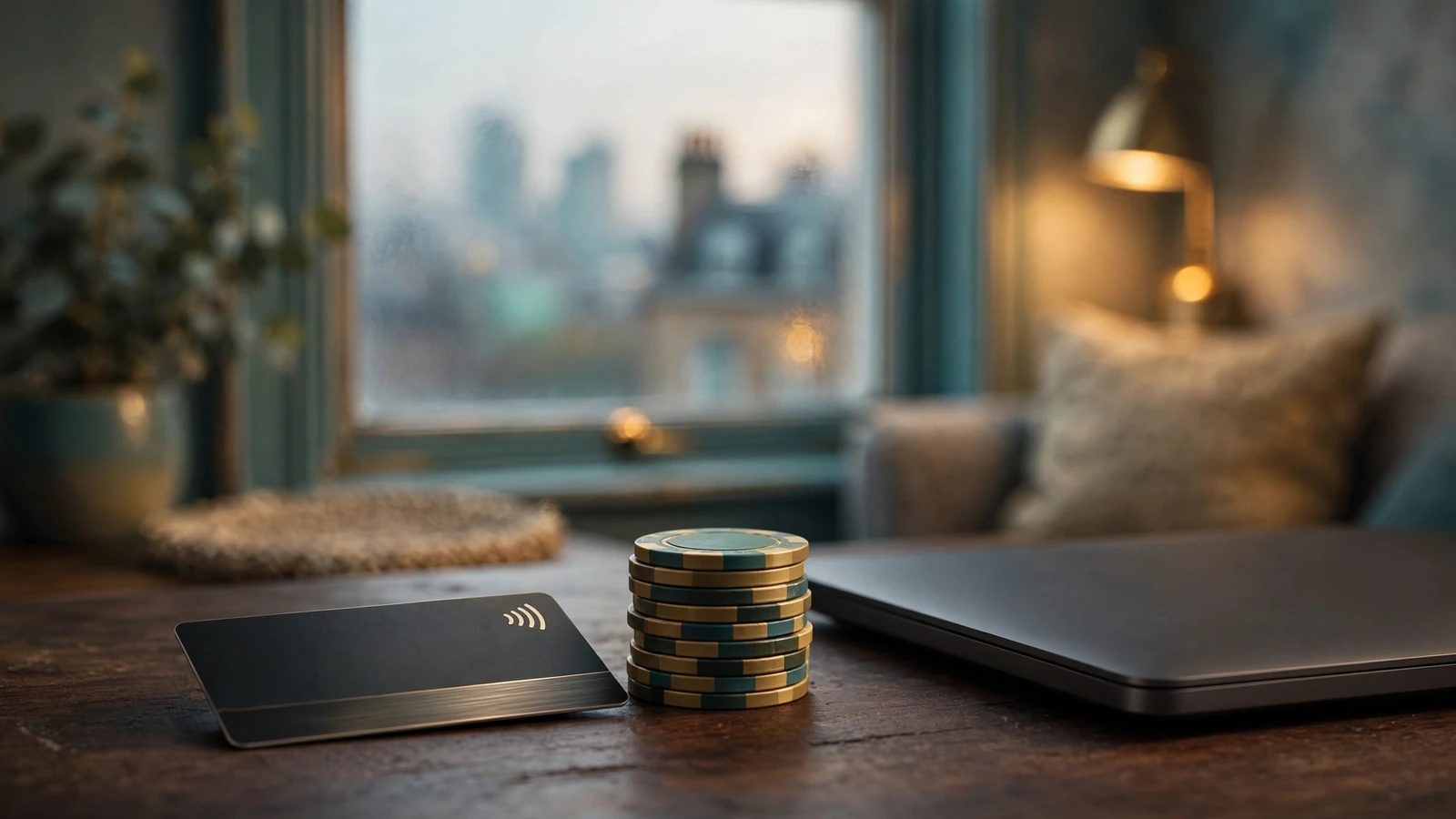 Payment card beside casino chips on a table in a modern London interior